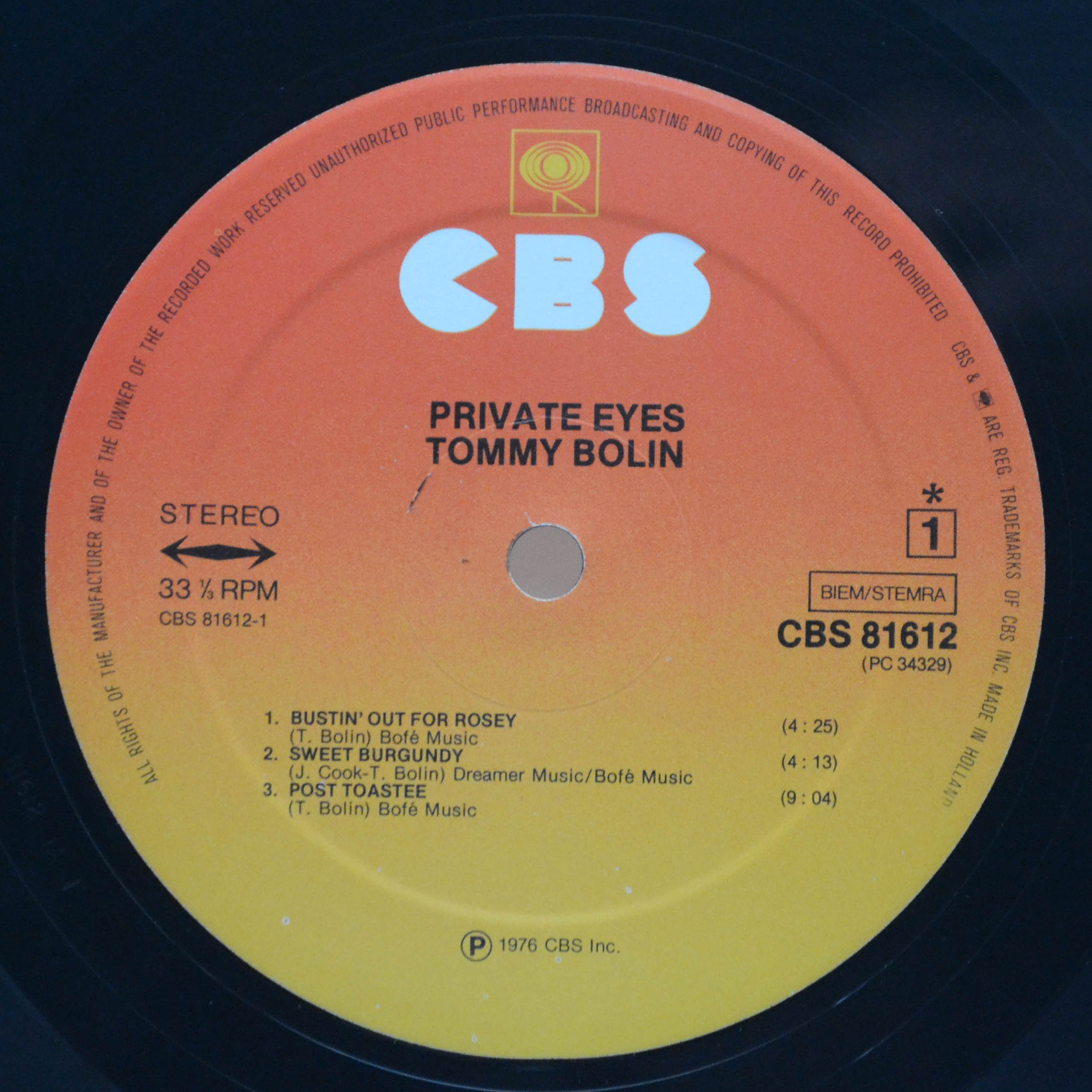 Виниловая пластинка Tommy Bolin — Private Eyes, 1976