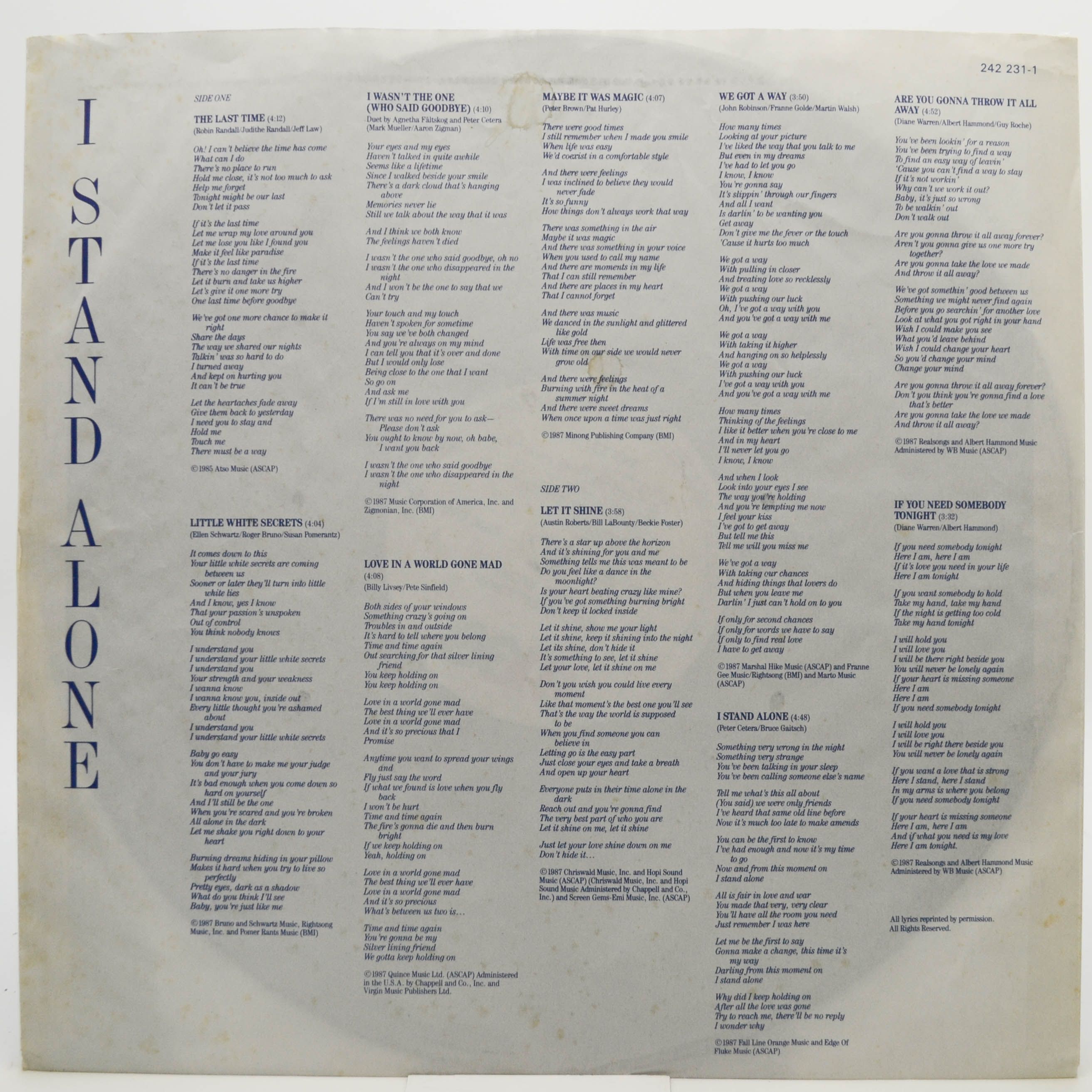 Виниловая пластинка Agnetha Fältskog — I Stand Alone, 1987