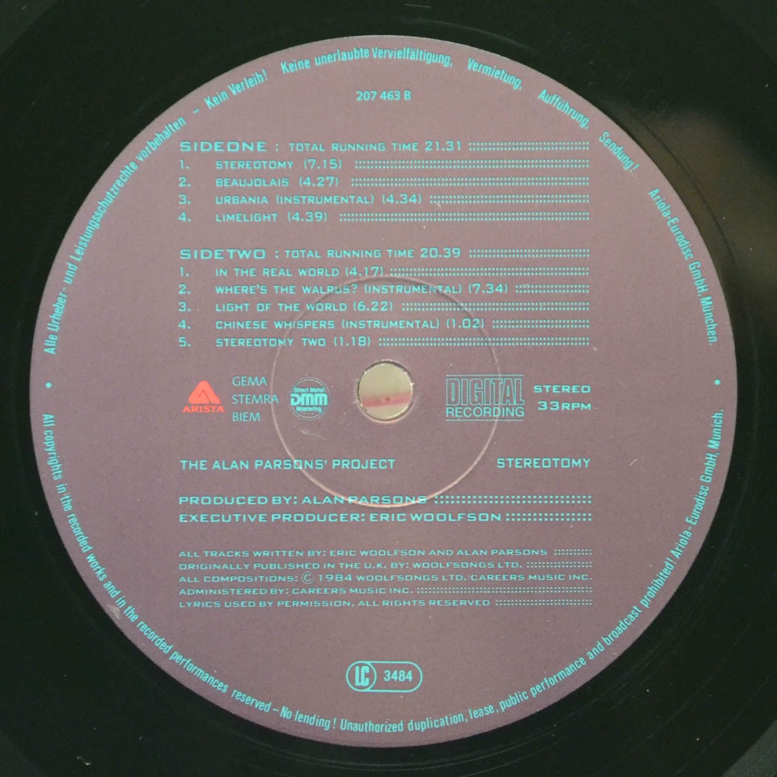 Виниловая пластинка Alan Parsons Project — Stereotomy, 1985