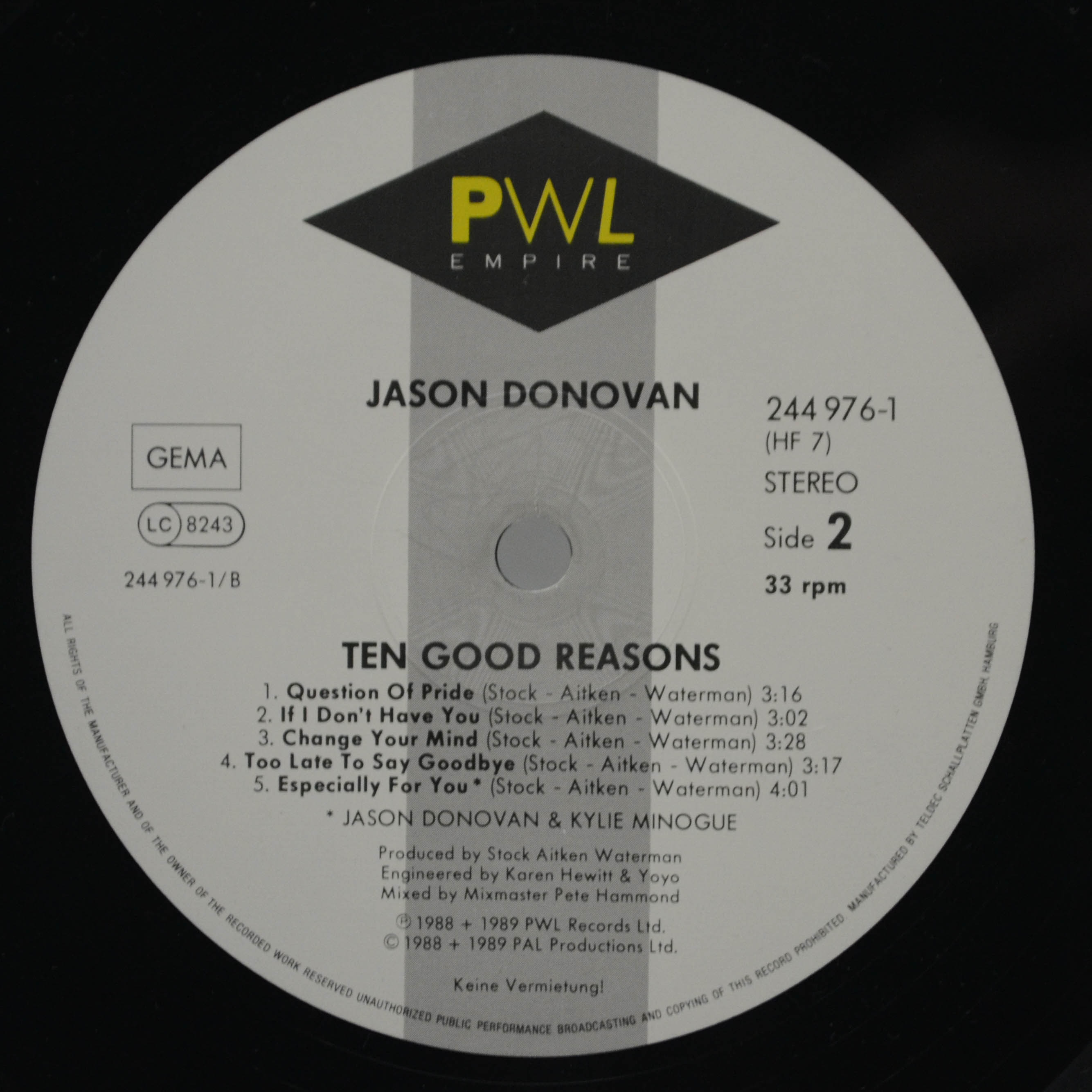 Виниловая пластинка Jason Donovan — Ten Good Reasons, 1989