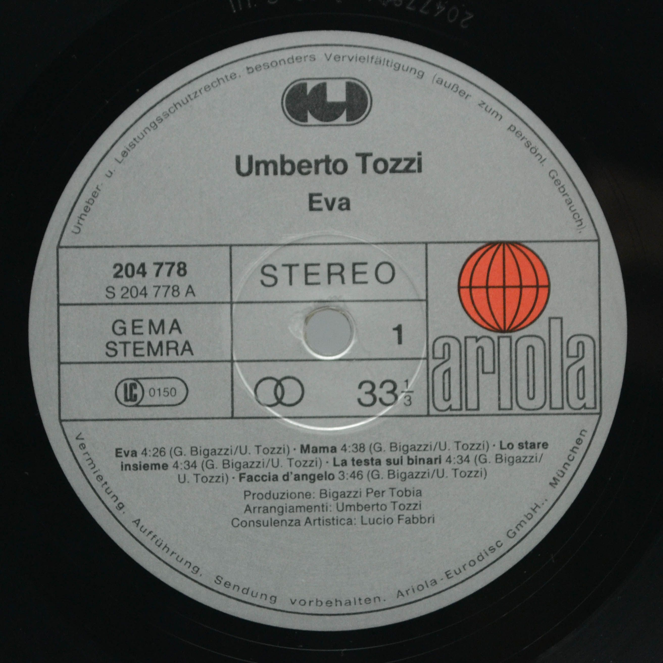 Виниловая пластинка Umberto Tozzi — Eva, 1982