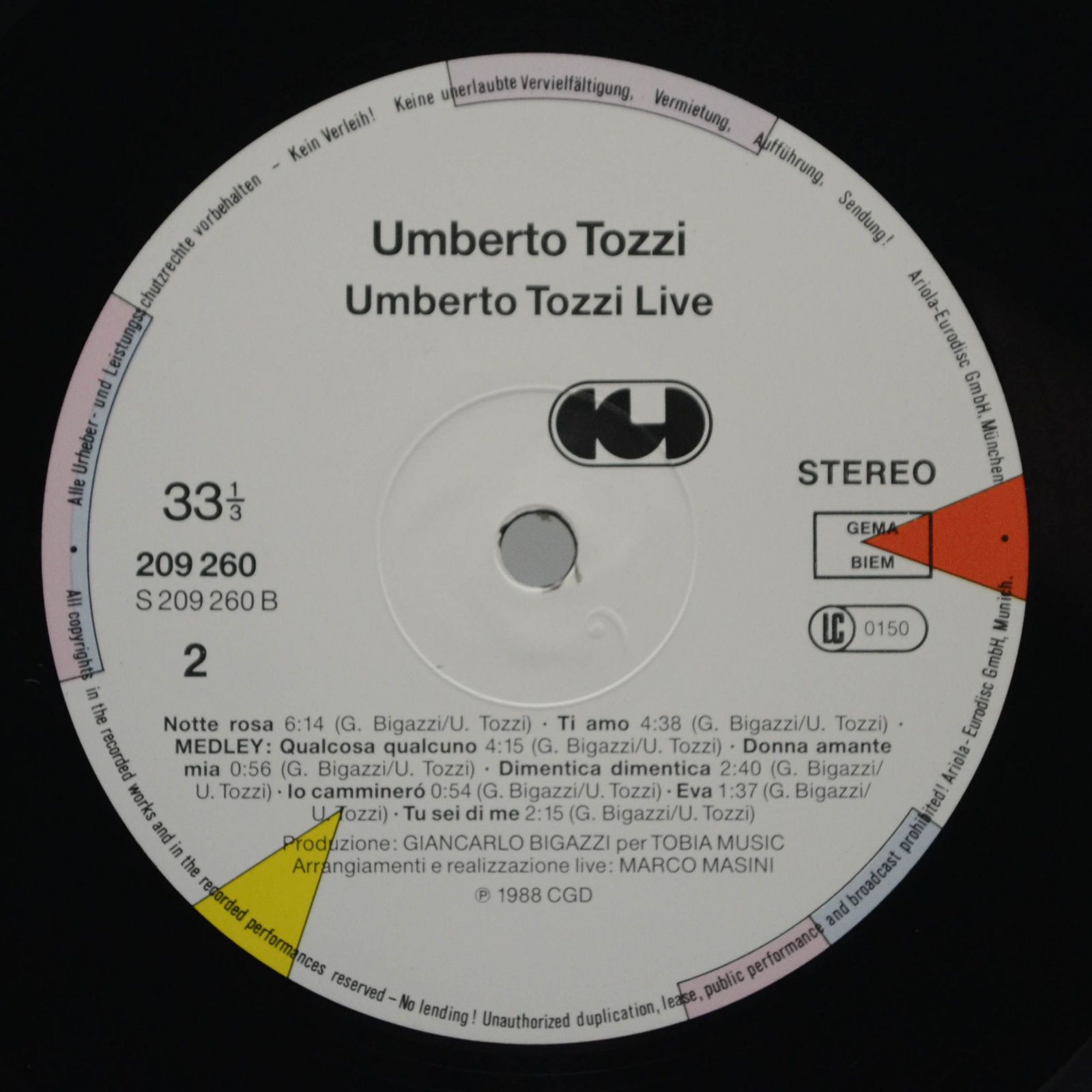 Виниловая пластинка Umberto Tozzi — Live Royal Albert Hall, 1988