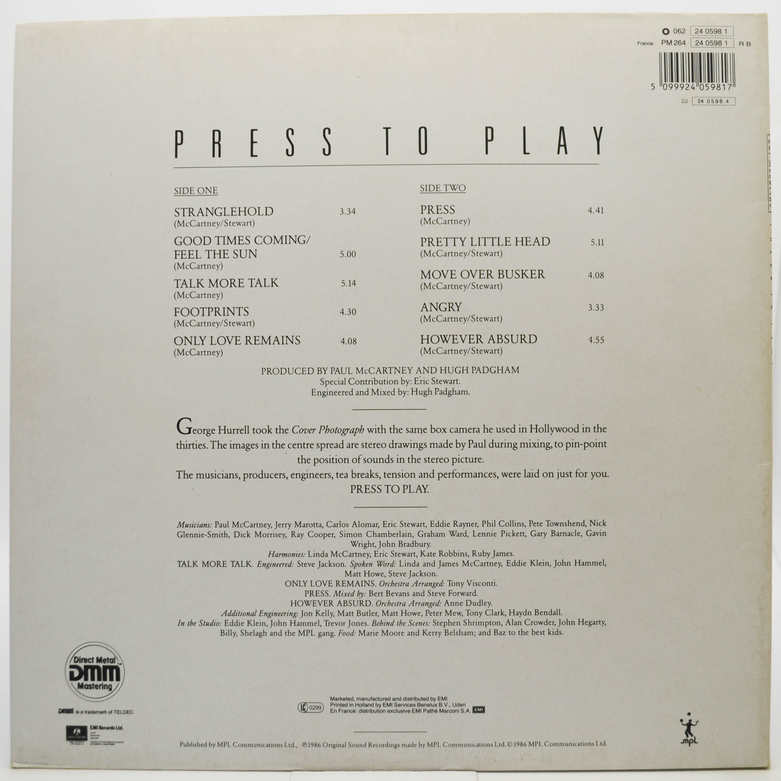 Виниловая пластинка Paul McCartney — Press To Play, 1986