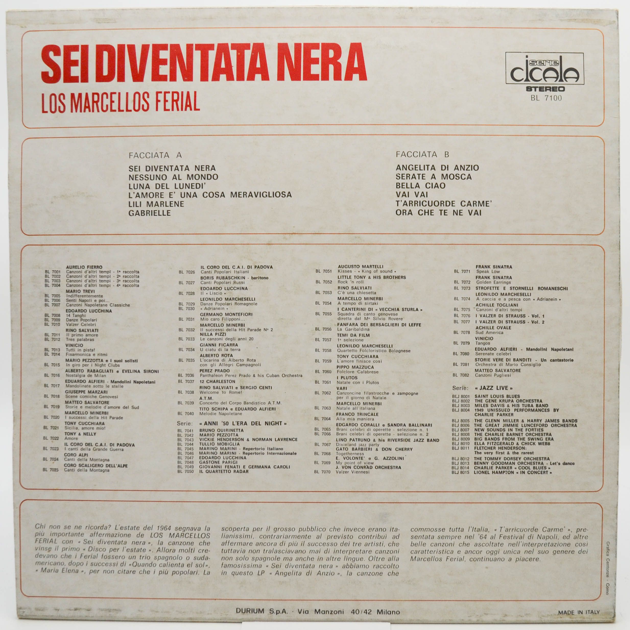 Виниловая пластинка Los Marcellos Ferial — Sei Diventata Nera, 1975