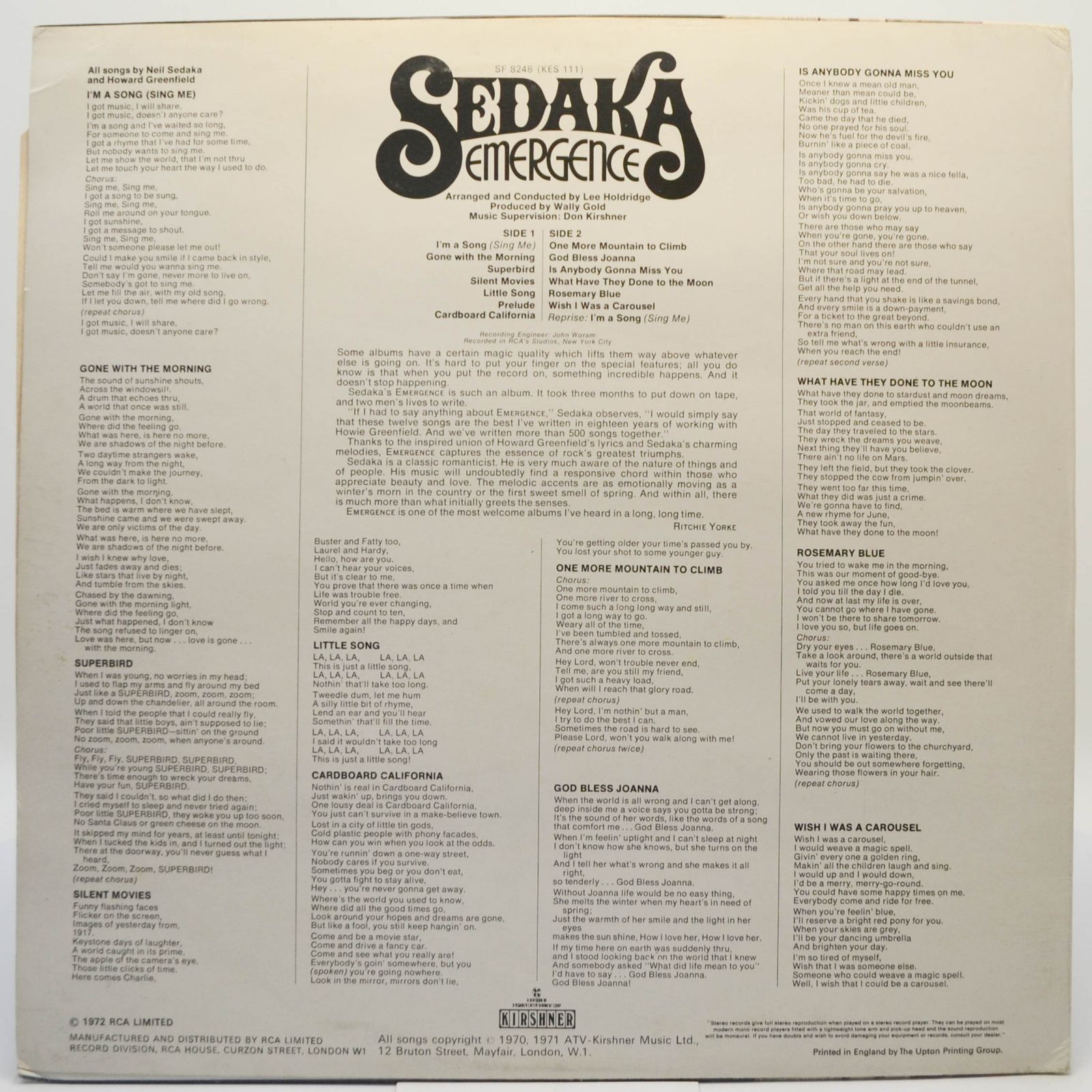 Виниловая пластинка Sedaka — Emergence, 1972