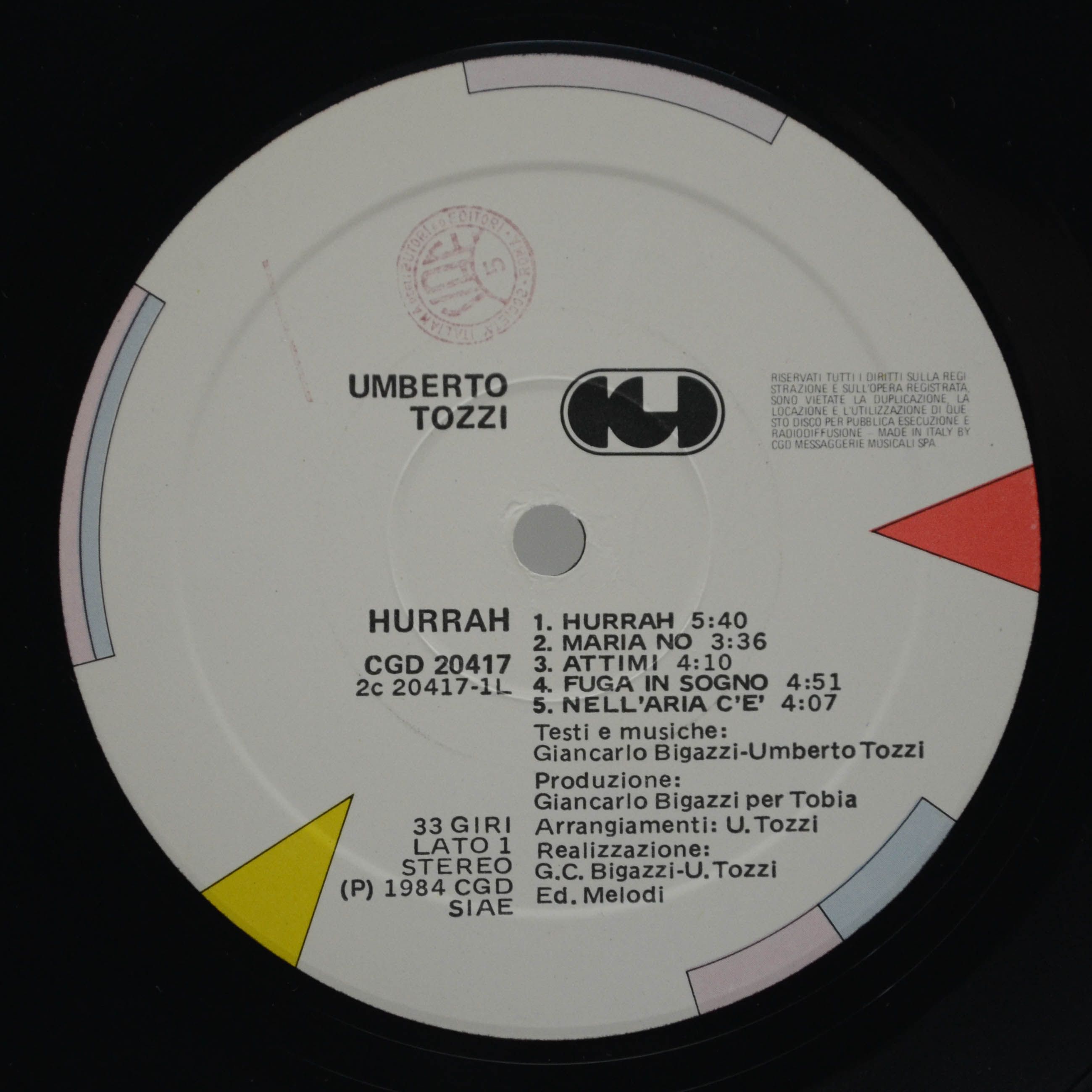 Виниловая пластинка Umberto Tozzi — Hurrah! (1-st, Italy), 1984