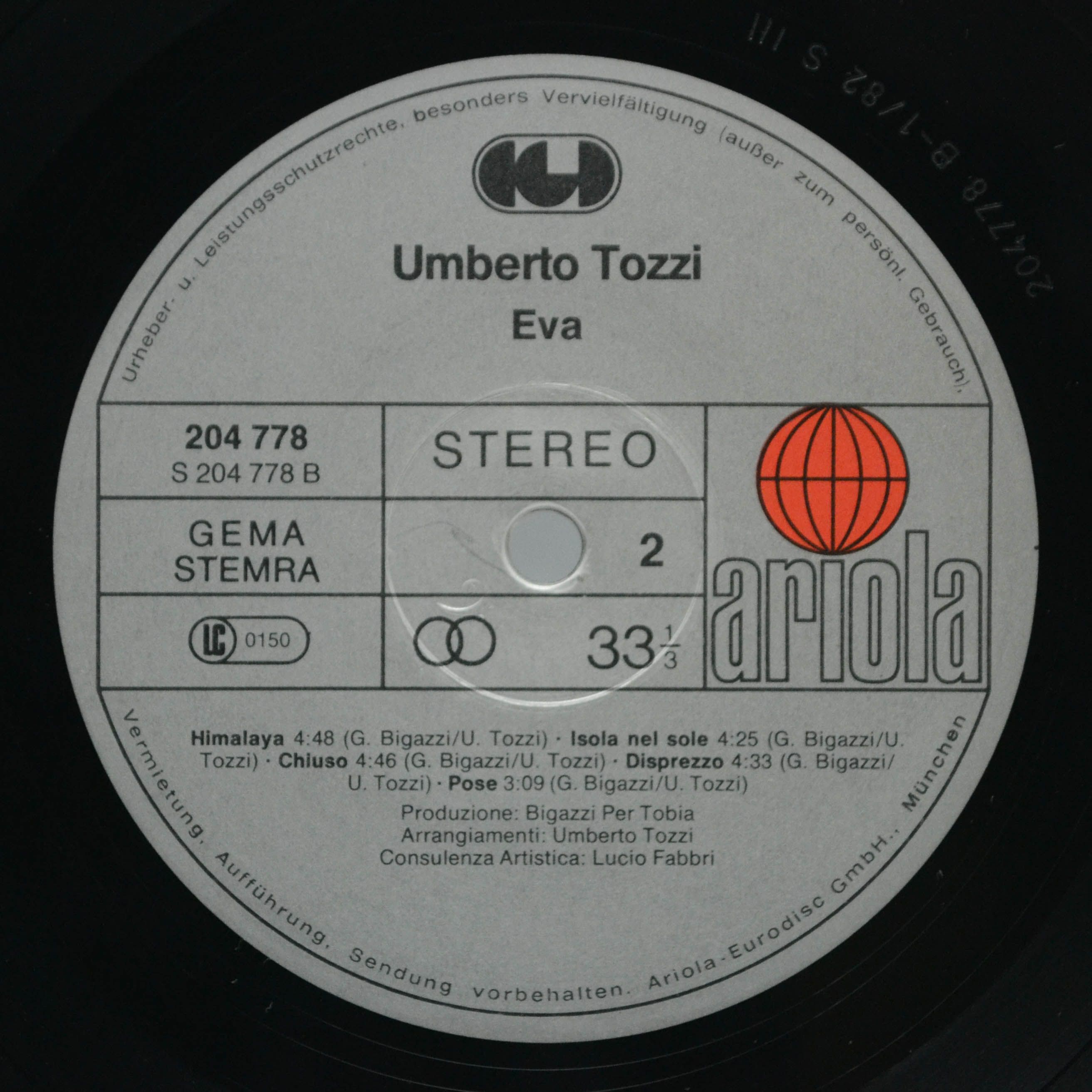 Виниловая пластинка Umberto Tozzi — Eva, 1982