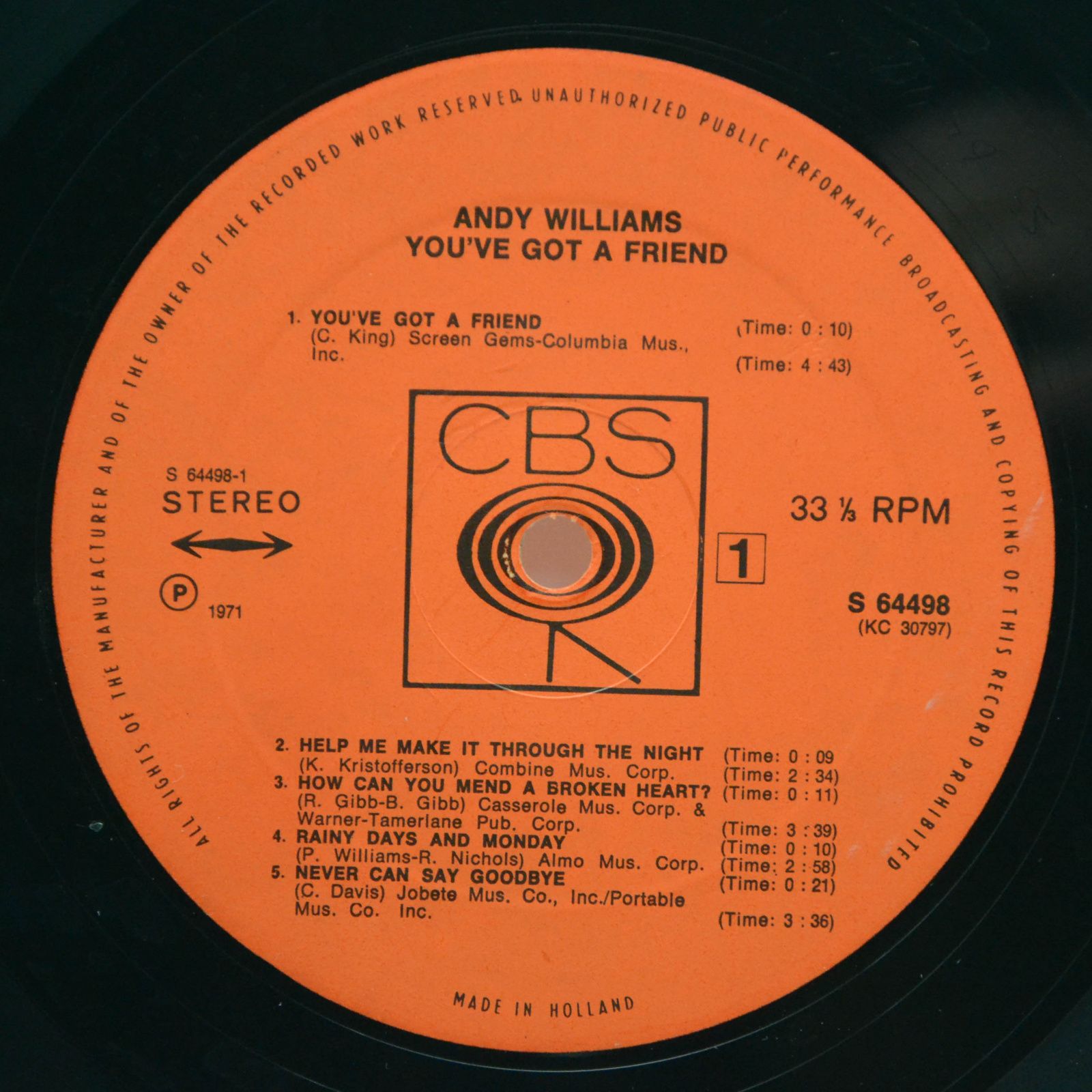 Виниловая пластинка Andy Williams — You've Got A Friend, 1971