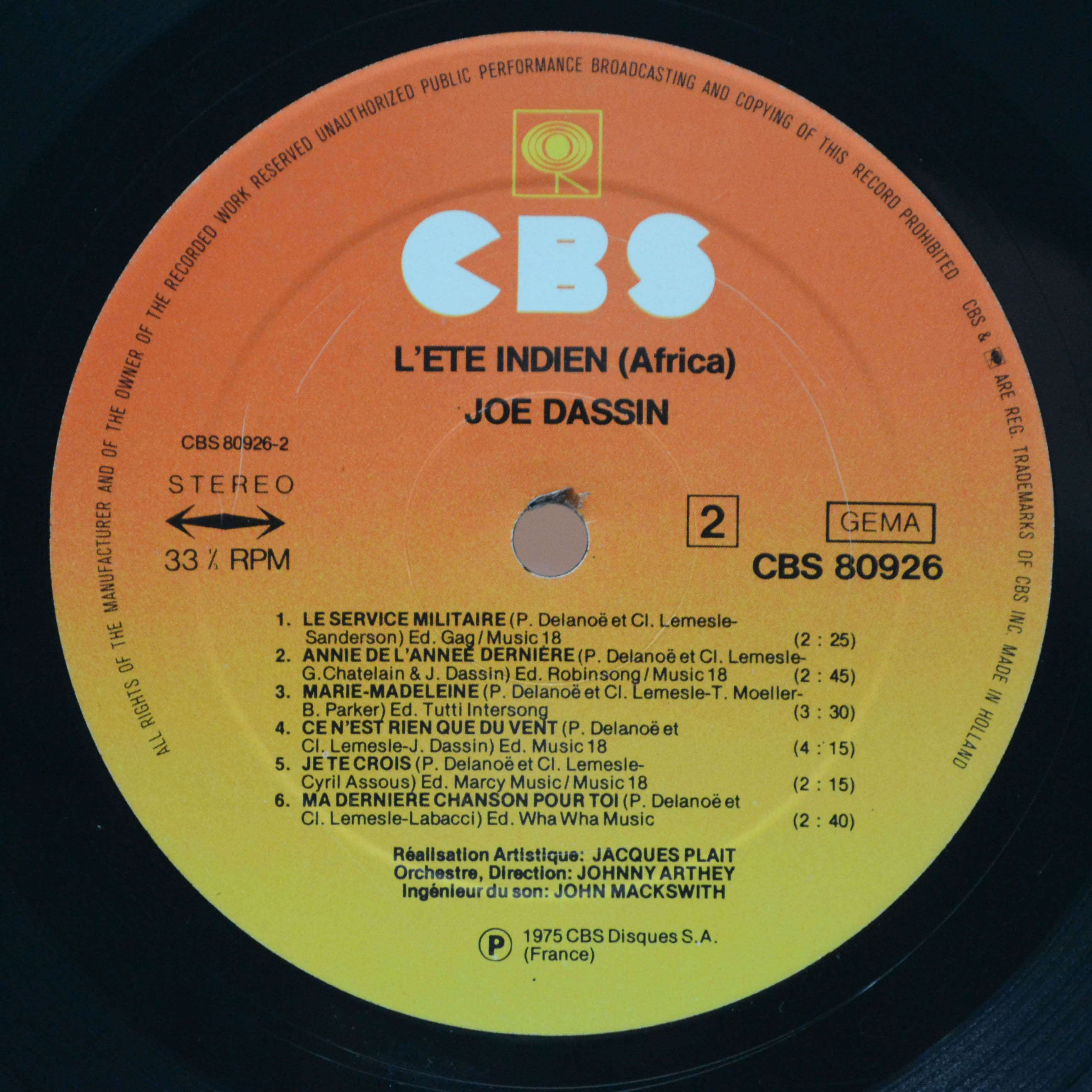 Виниловая пластинка Joe Dassin — L'Ete Indien (Africa), 1974
