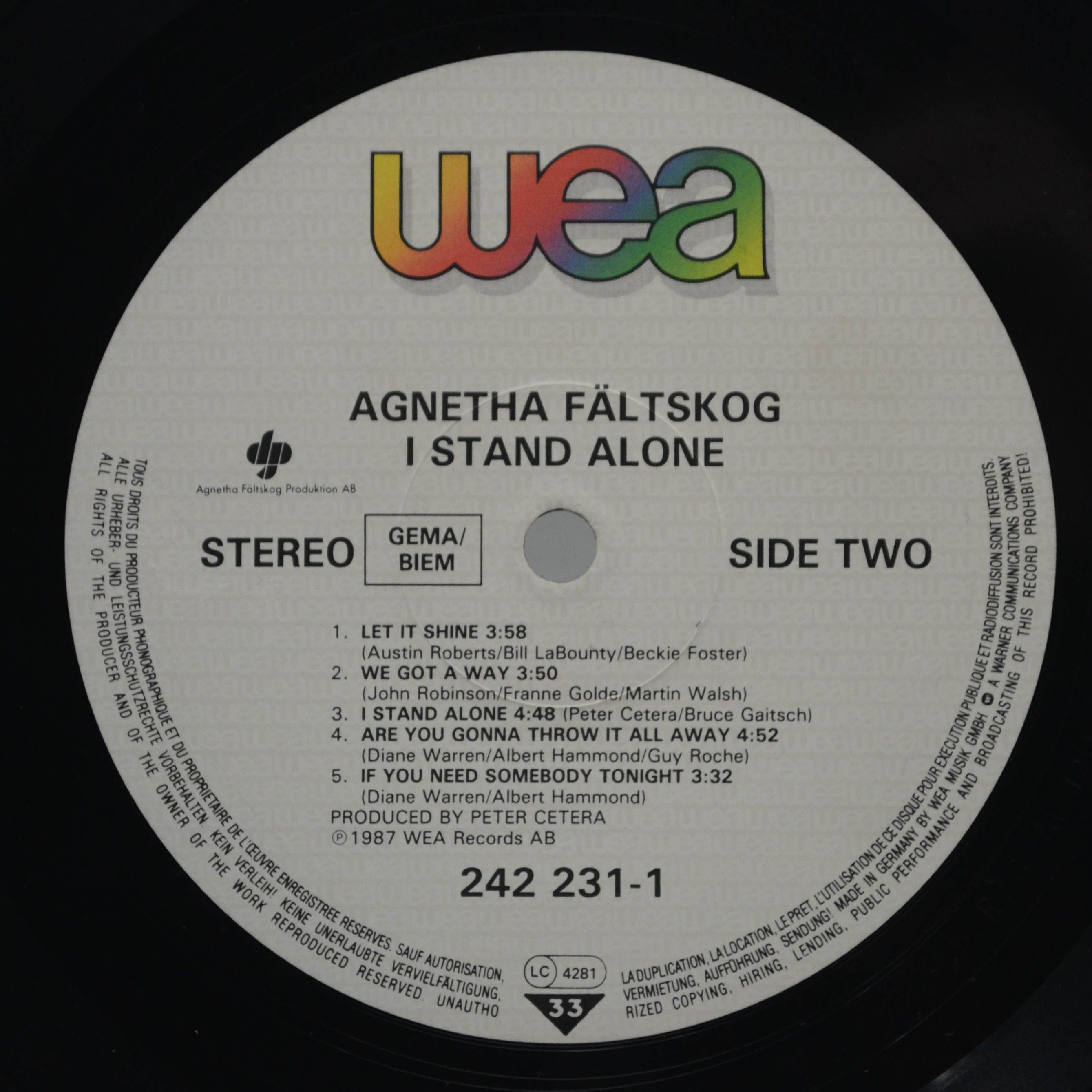 Виниловая пластинка Agnetha Fältskog — I Stand Alone, 1987