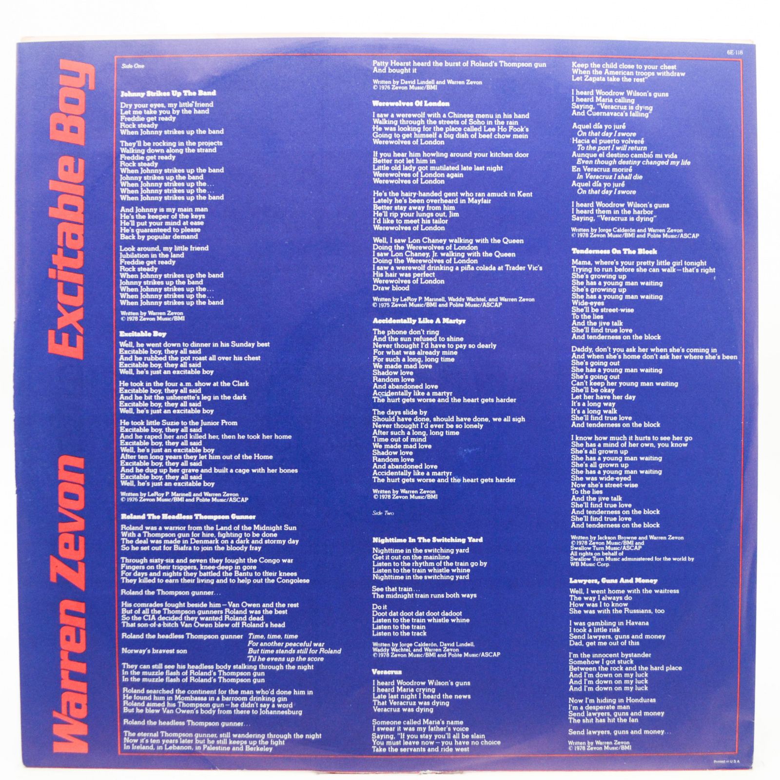 Виниловая пластинка Warren Zevon — Excitable Boy (1-st, USA), 1978
