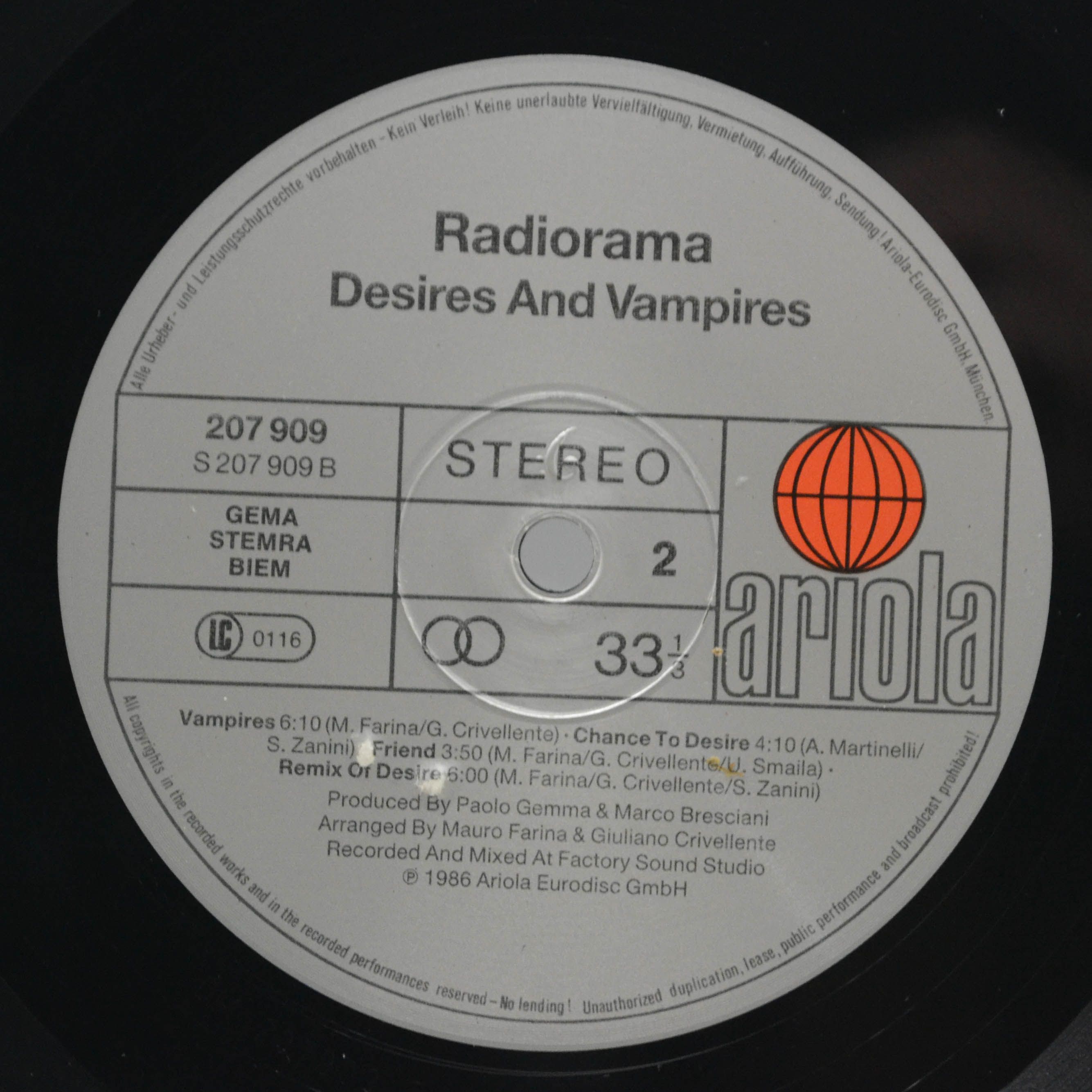 Виниловая пластинка Radiorama — Desires And Vampires, 1986