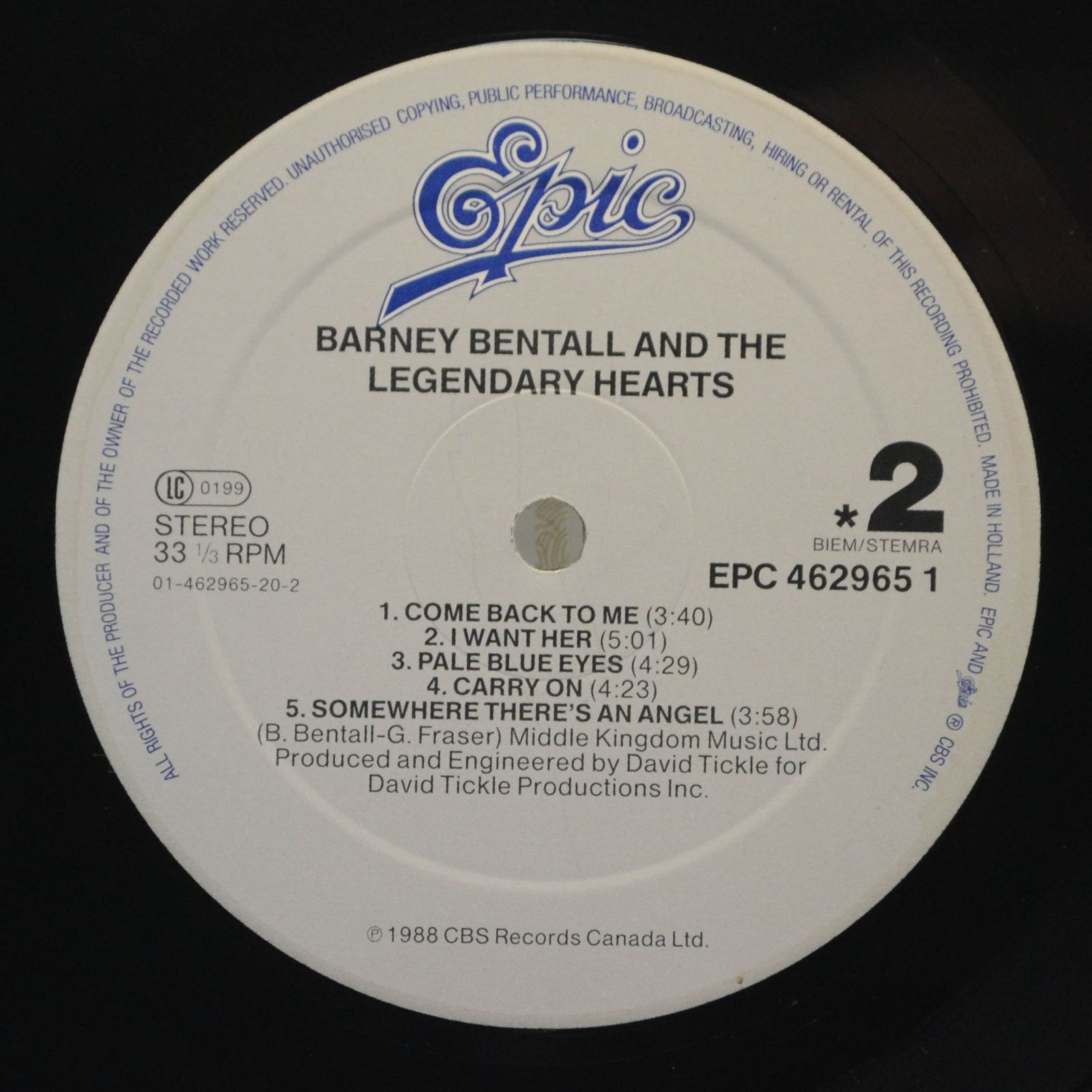 Виниловая пластинка Barney Bentall — Barney Bentall & The Legendary Hearts, 1989