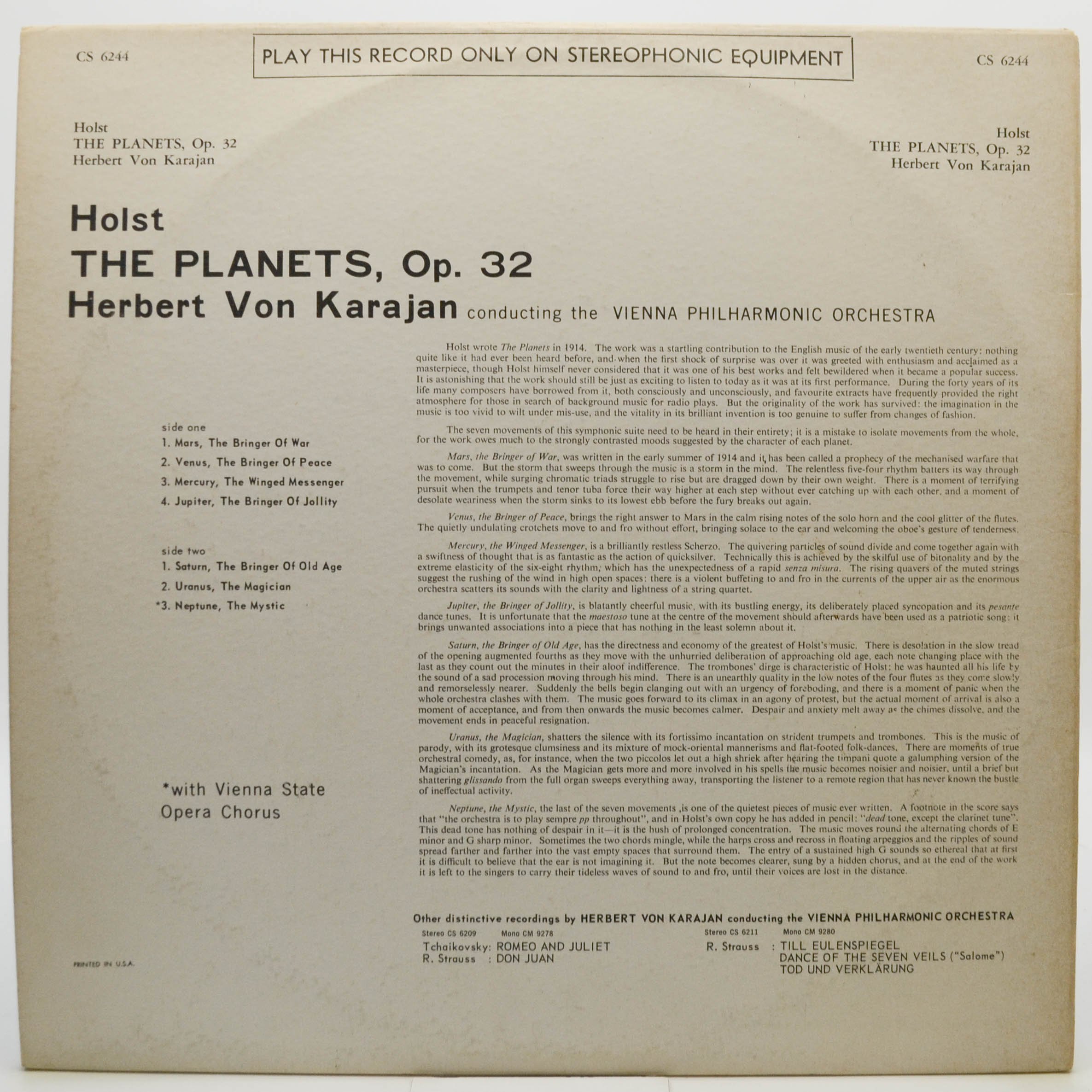 Виниловая пластинка Holst - Herbert von Karajan, Vienna Philharmonic — The Planets, 1962