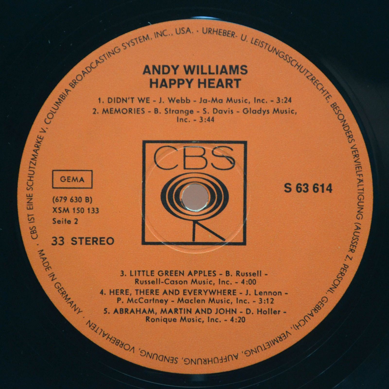 Виниловая пластинка Andy Williams — Happy Heart, 1969