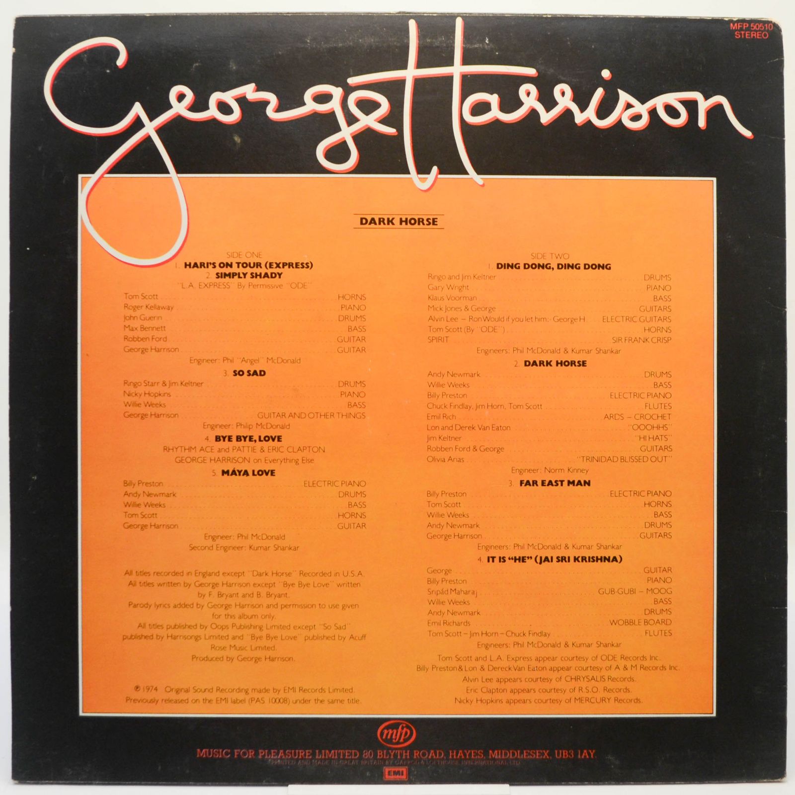 Виниловая пластинка George Harrison ‎ — Dark Horse, 1980