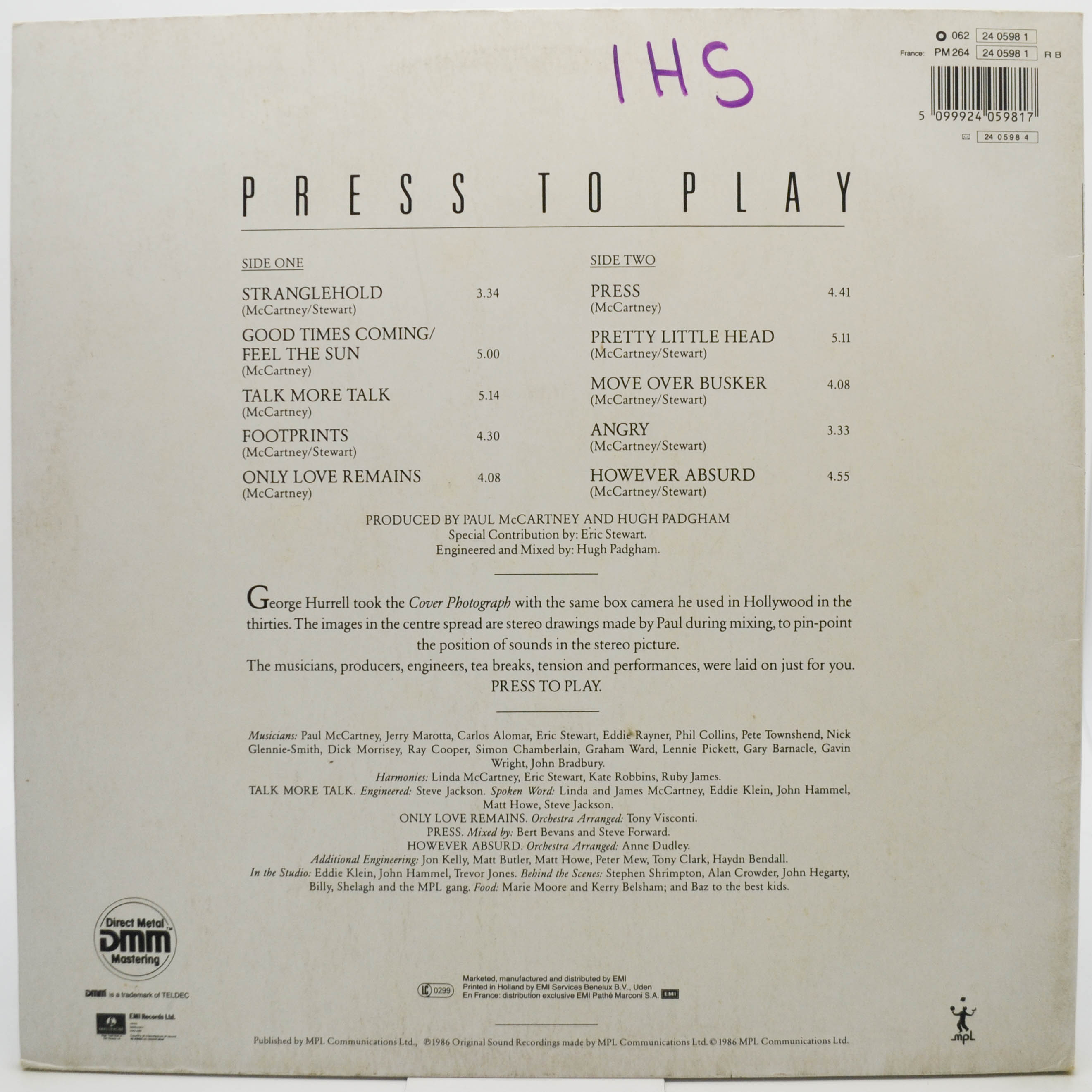 Виниловая пластинка Paul McCartney — Press To Play, 1986