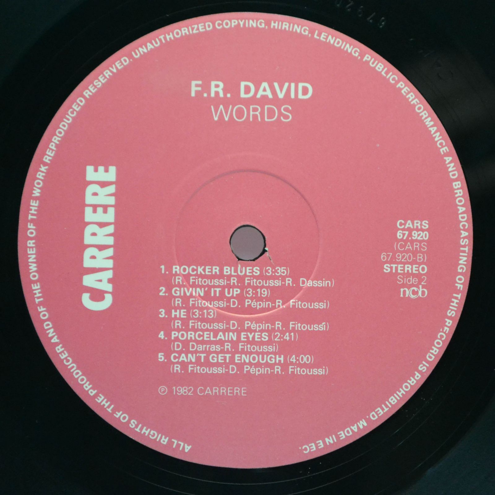 Виниловая пластинка F.R. David — Words, 1982