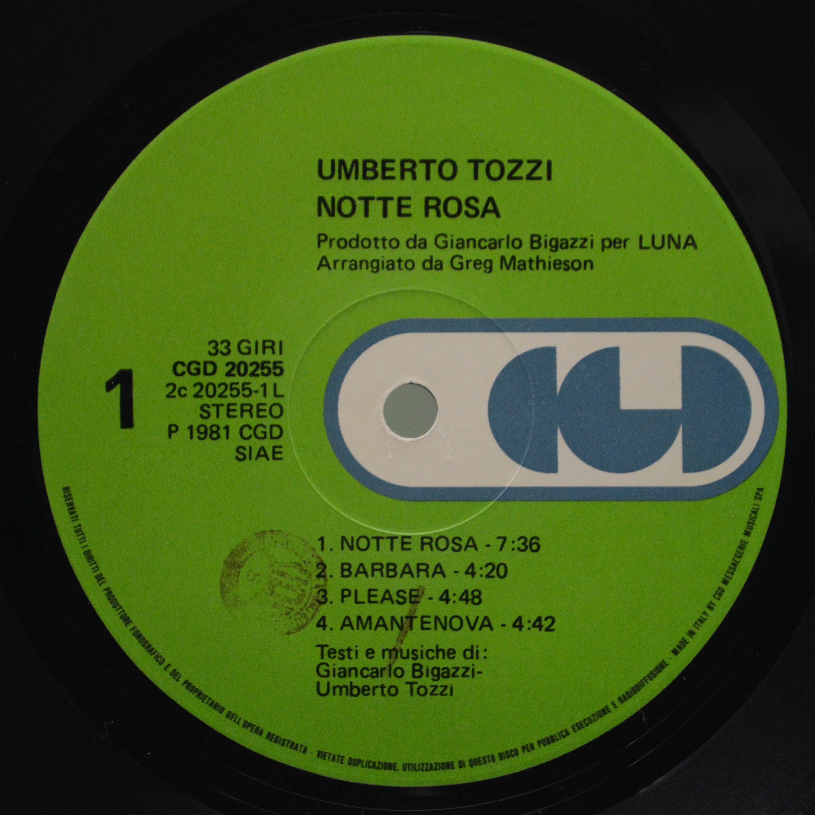 Виниловая пластинка Umberto Tozzi — Notte Rosa (1-st, Italy), 1981