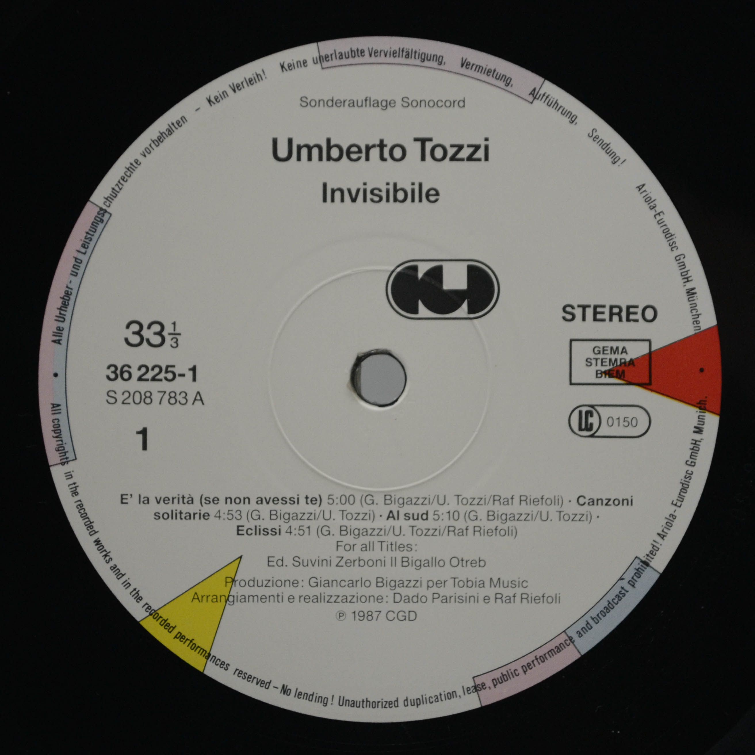 Виниловая пластинка Umberto Tozzi — Invisibile, 1987