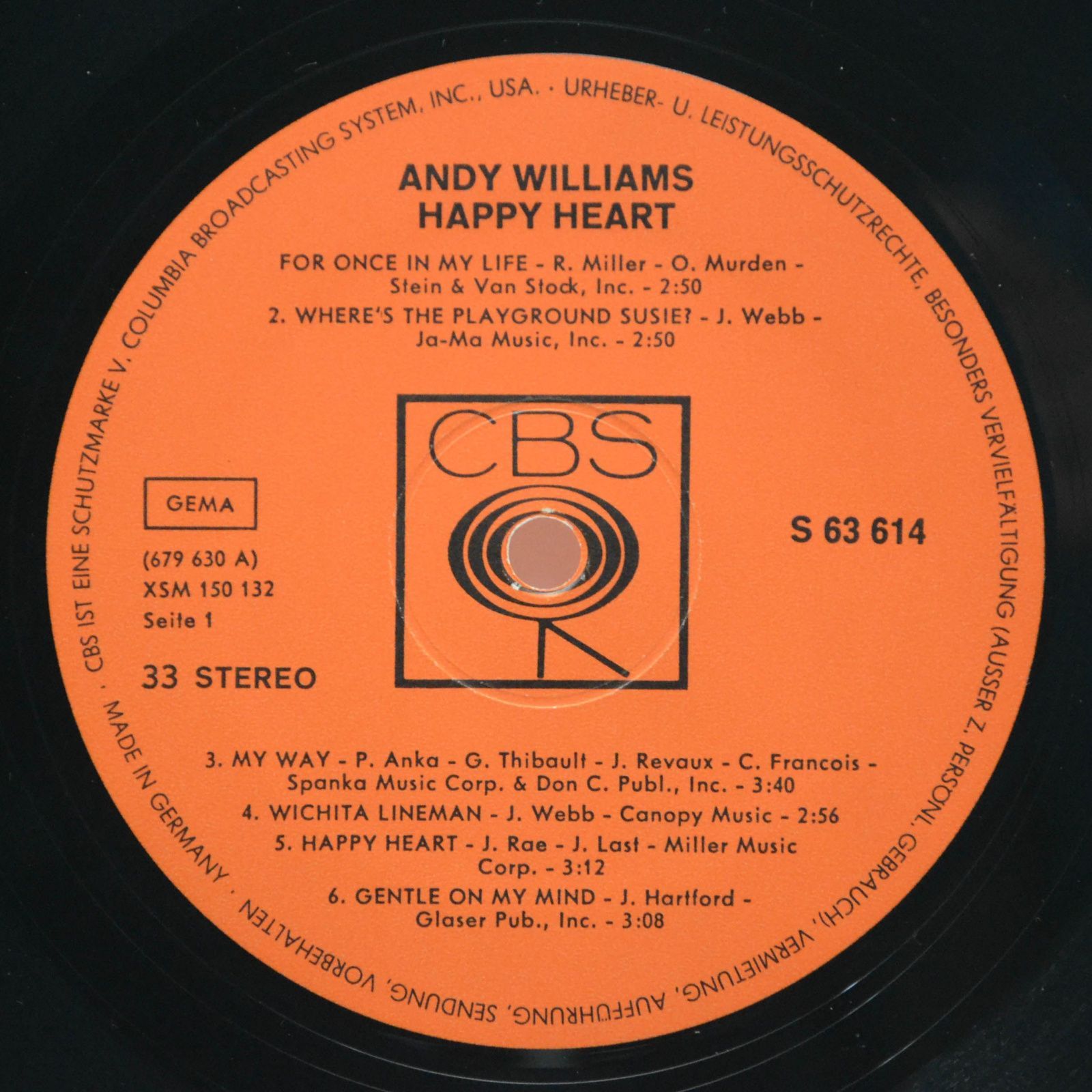 Виниловая пластинка Andy Williams — Happy Heart, 1969
