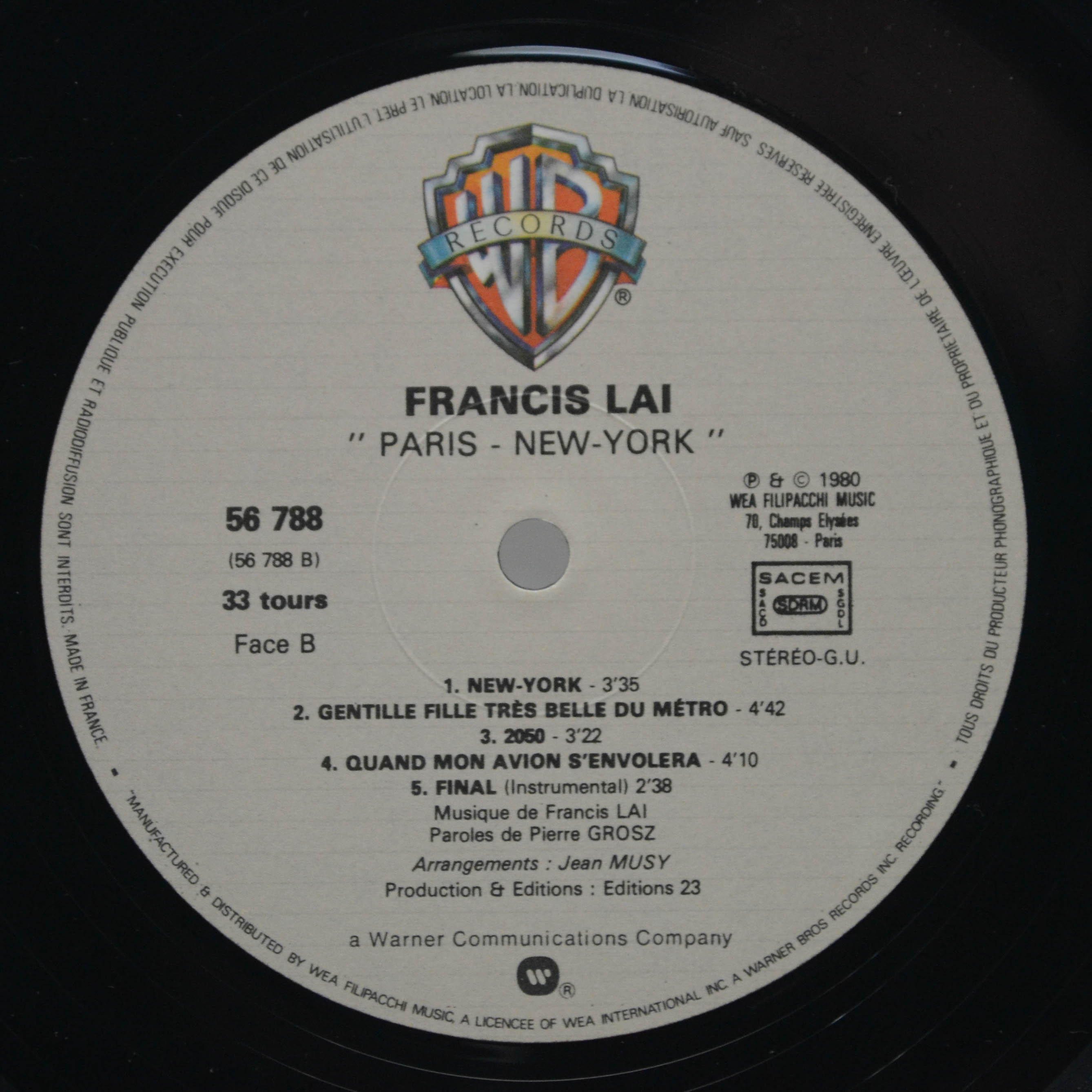 Виниловая пластинка Francis Lai — Paris - New-York, 1980