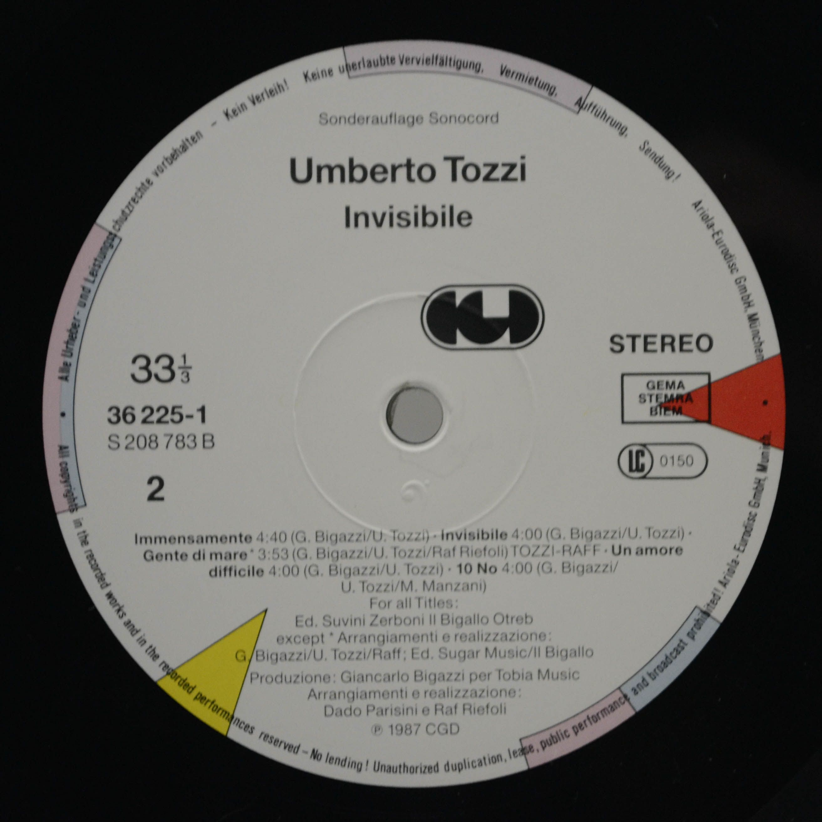 Виниловая пластинка Umberto Tozzi — Invisibile, 1987