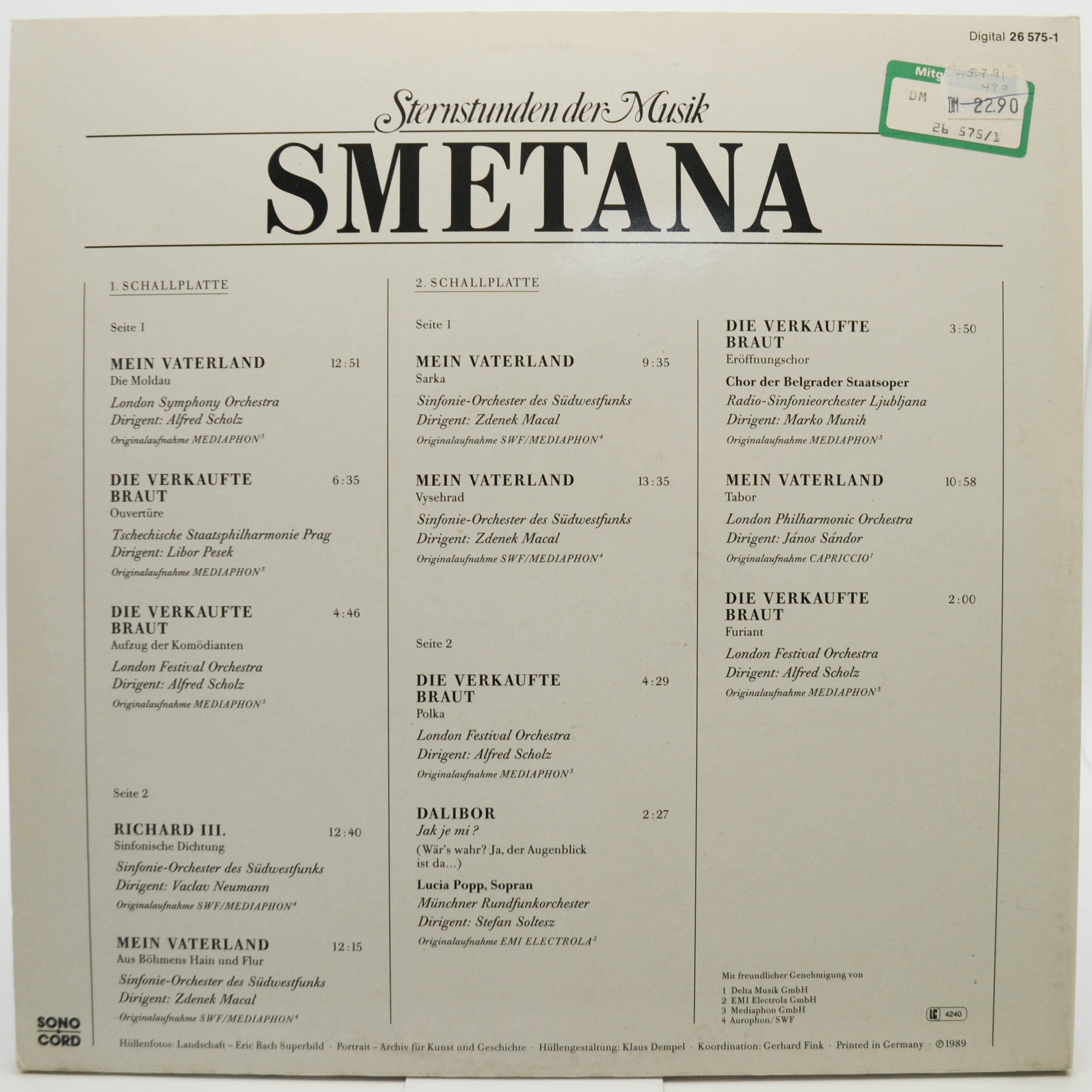 Виниловая пластинка Smetana — Sternstunden Der Musik (2LP), 1989