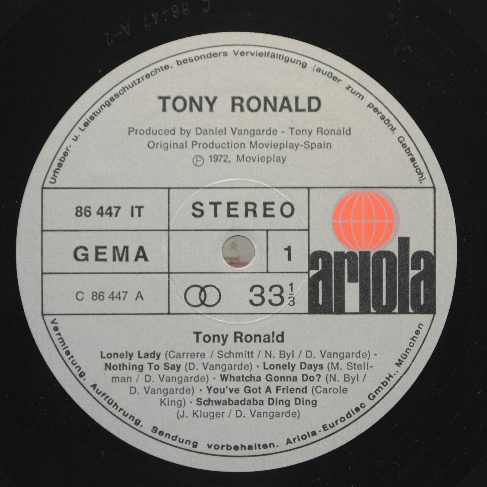 Виниловая пластинка Tony Ronald — Tony Ronald, 1972