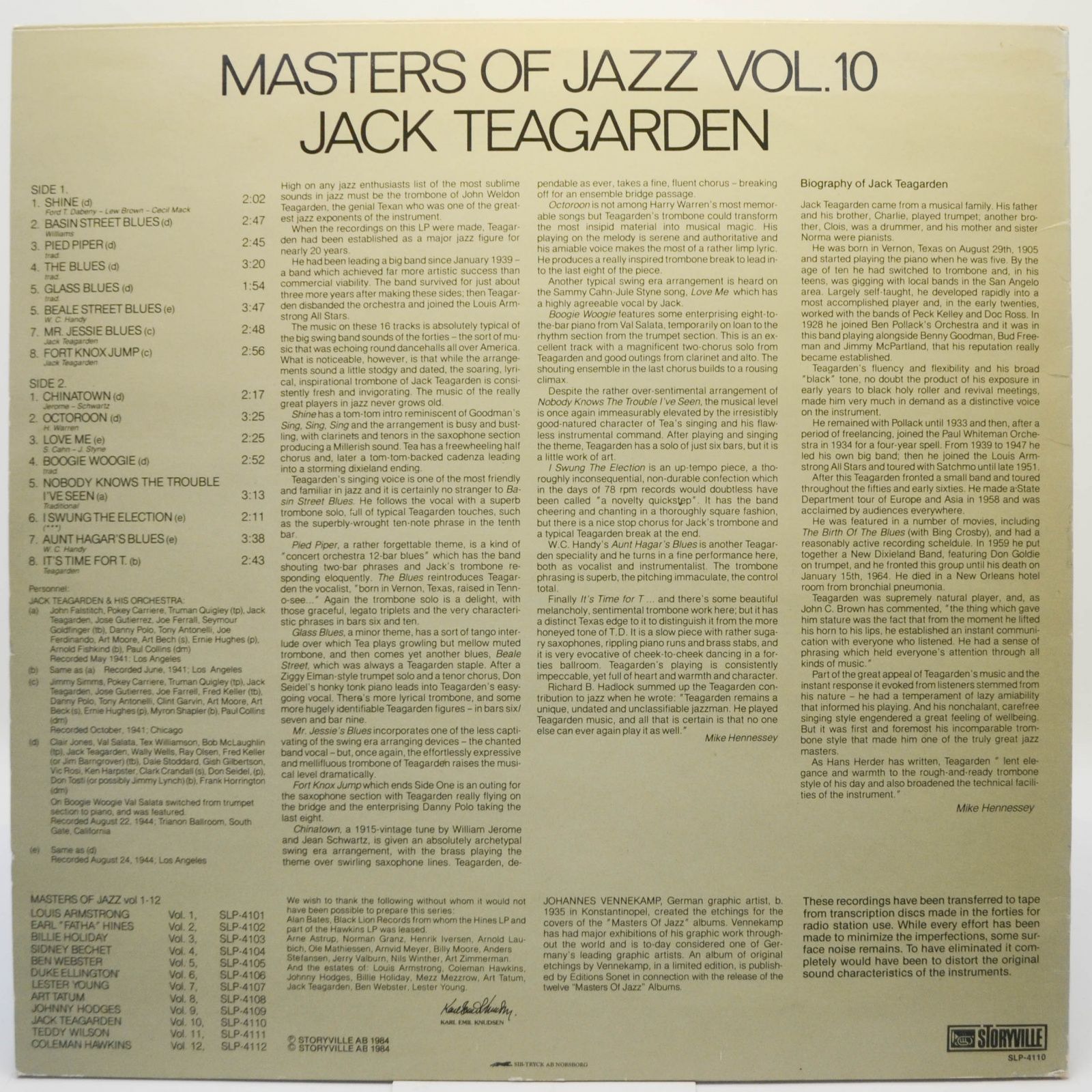 Виниловая пластинка Jack Teagarden — Master Of Jazz, 1984