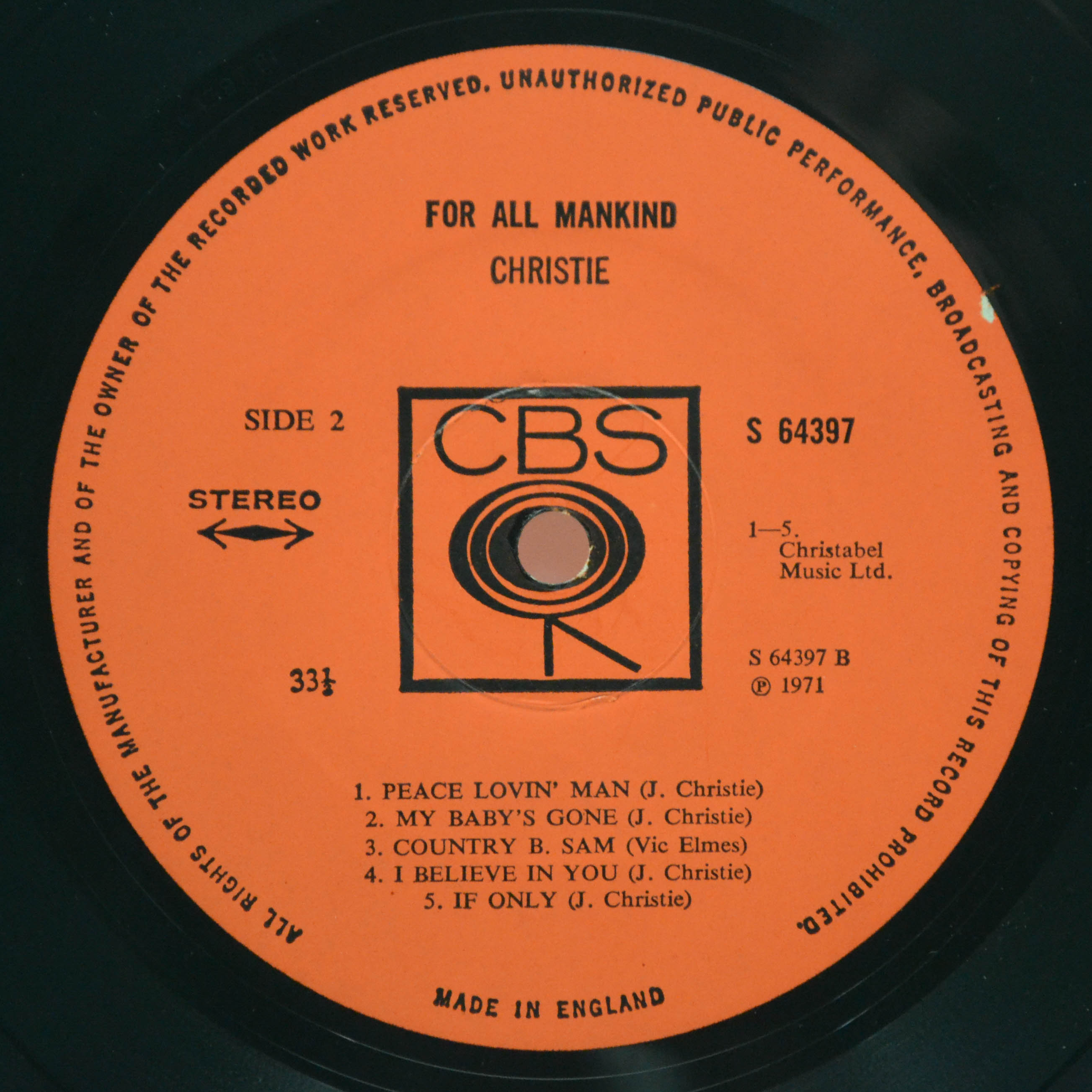 Виниловая пластинка Christie — For All Mankind (1-st, UK), 1971