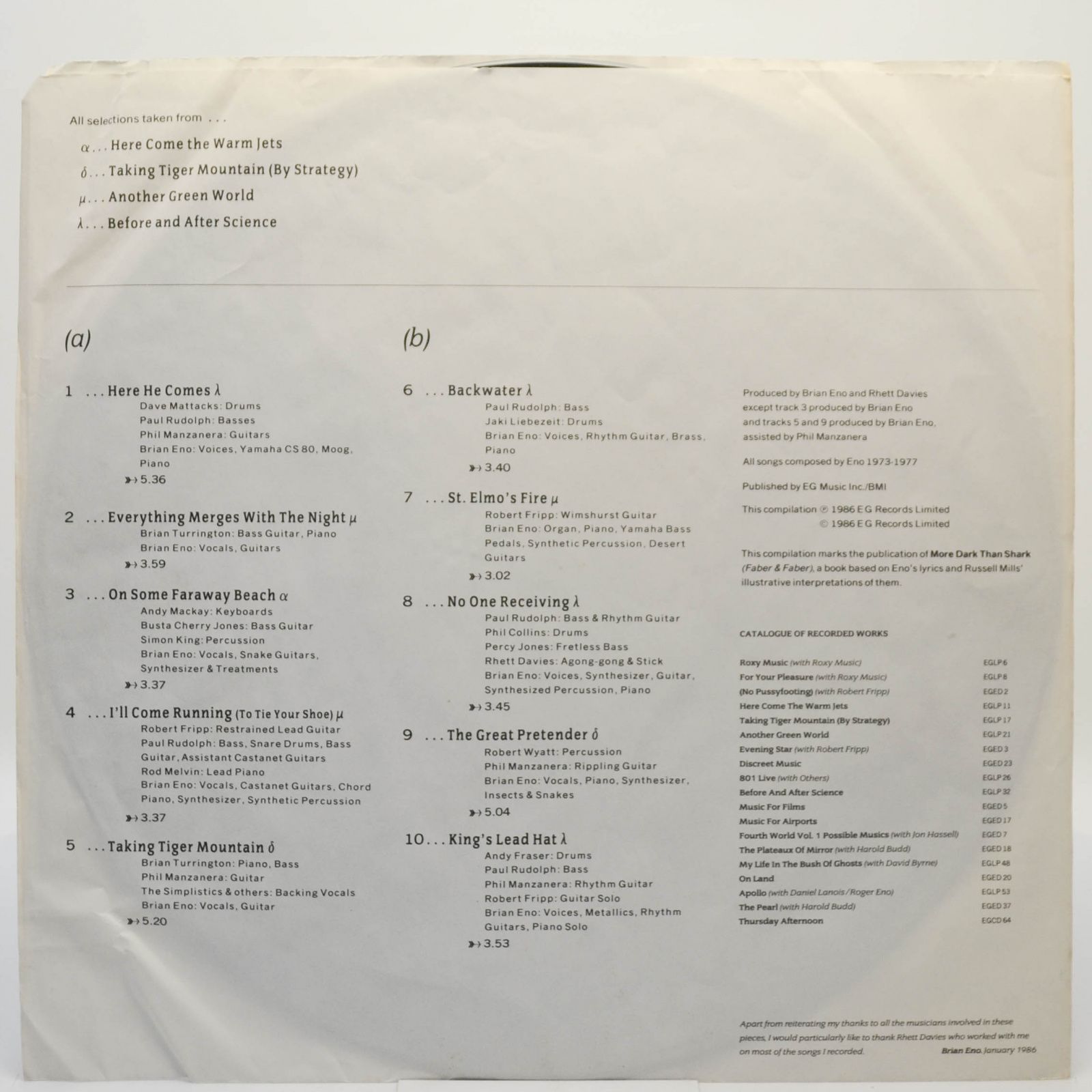 Виниловая пластинка Eno — More Blank Than Frank (USA), 1986