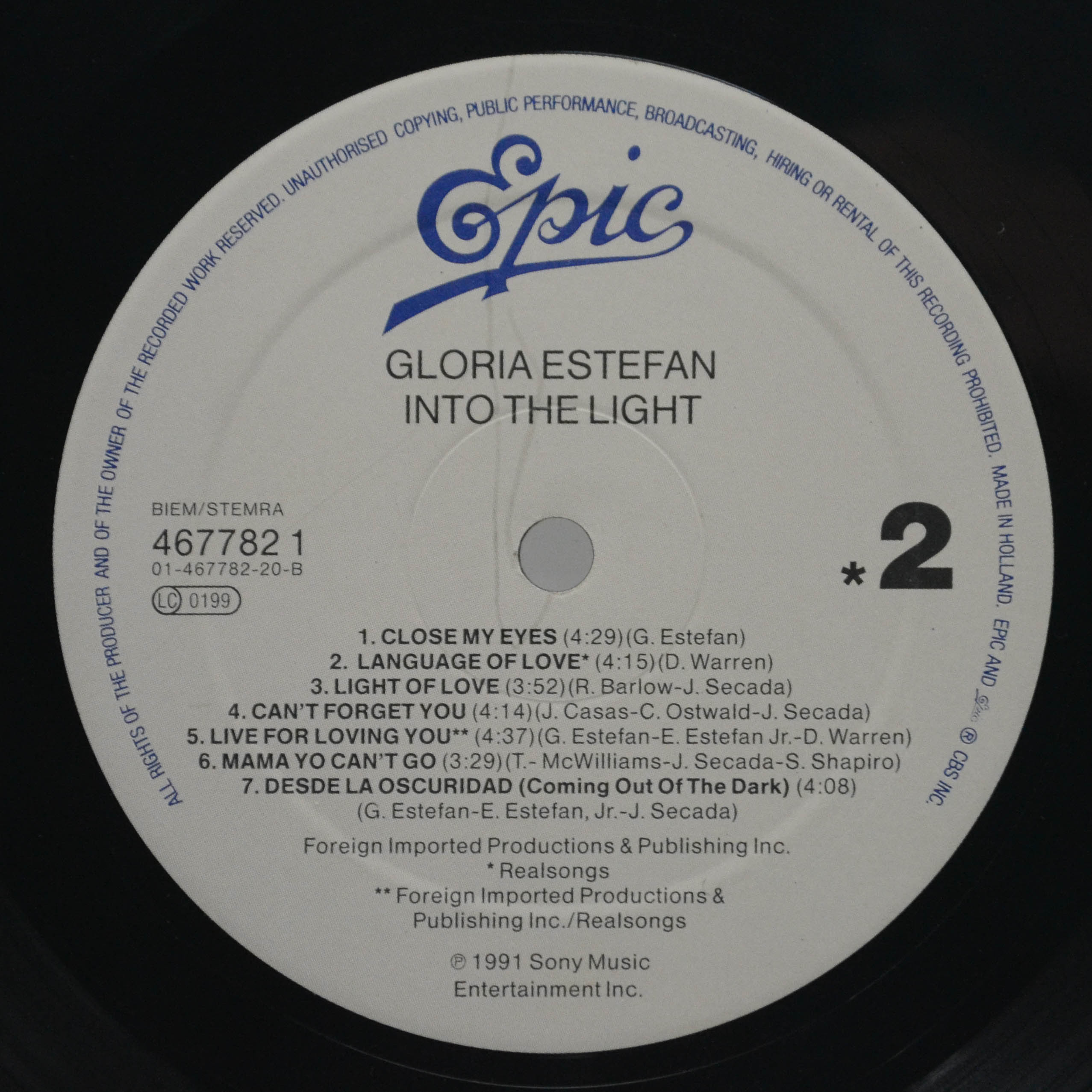 Виниловая пластинка Gloria Estefan — Into The Light, 1991
