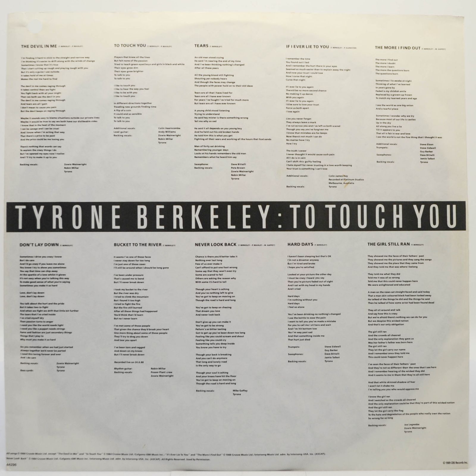 Виниловая пластинка Tyrone Berkeley — To Touch You, 1989