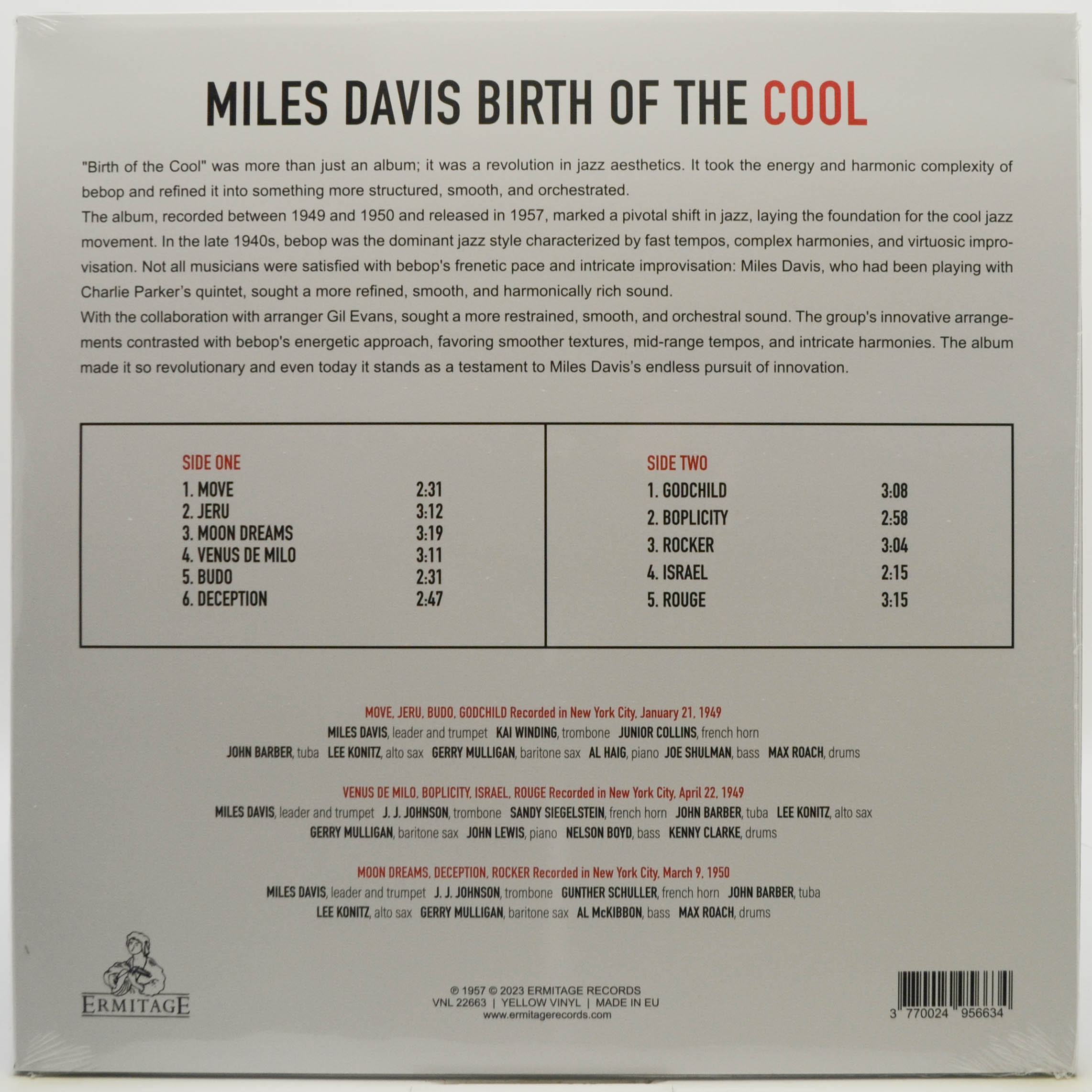 Виниловая пластинка Miles Davis — Birth Of The Cool, 1957