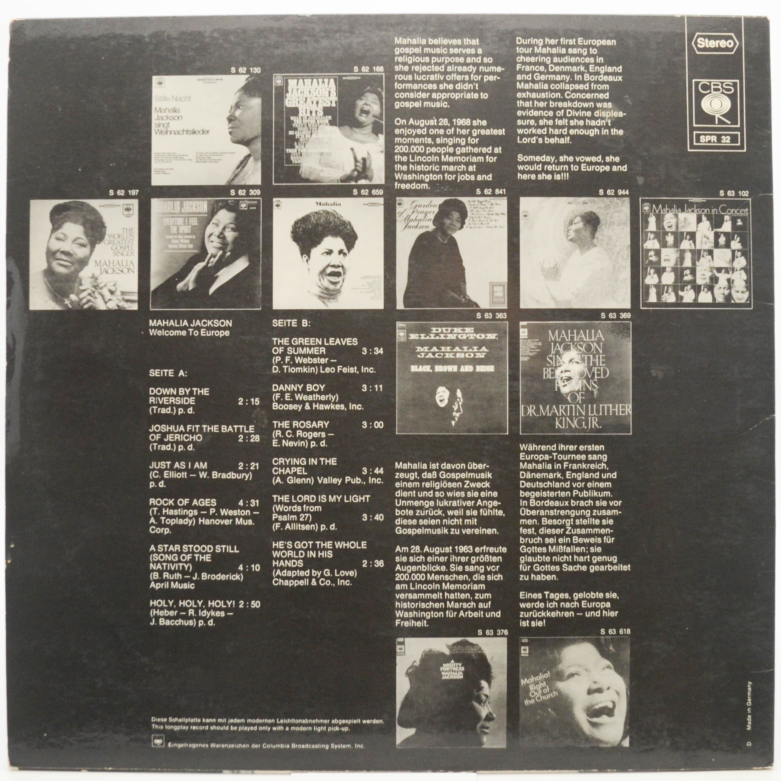 Виниловая пластинка Mahalia Jackson — Welcome To Europe, 1969