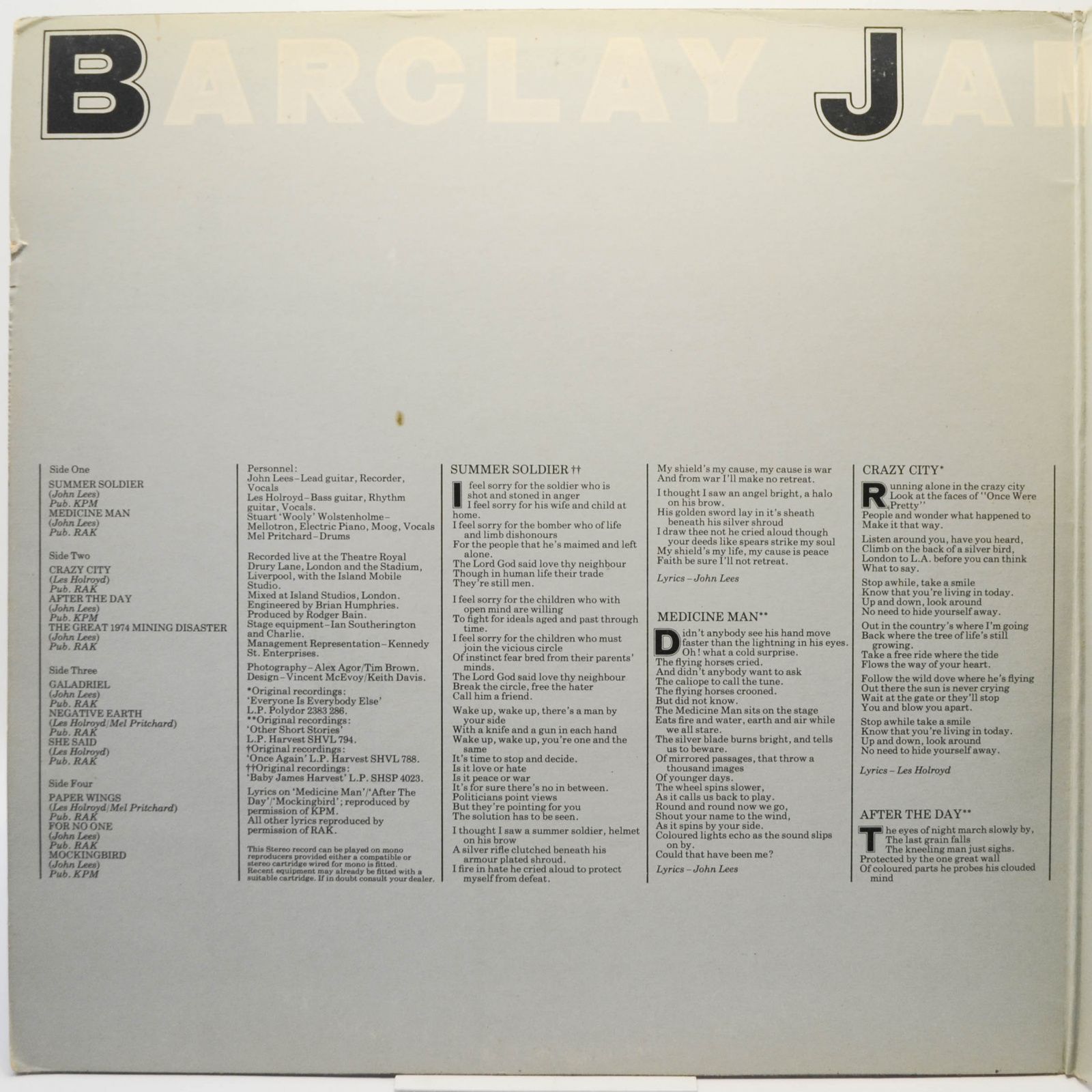 Виниловая пластинка Barclay James Harvest — Live (2LP, UK), 1974
