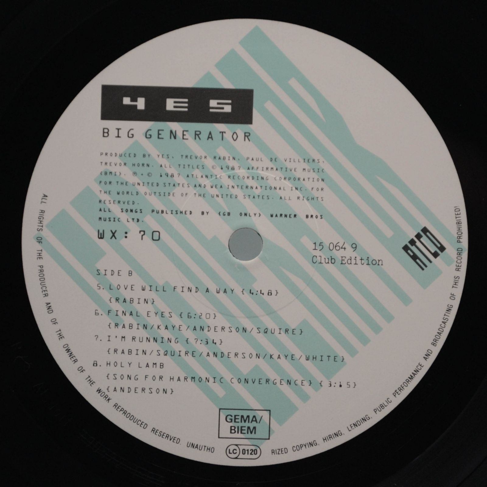 Виниловая пластинка Yes — Big Generator, 1987