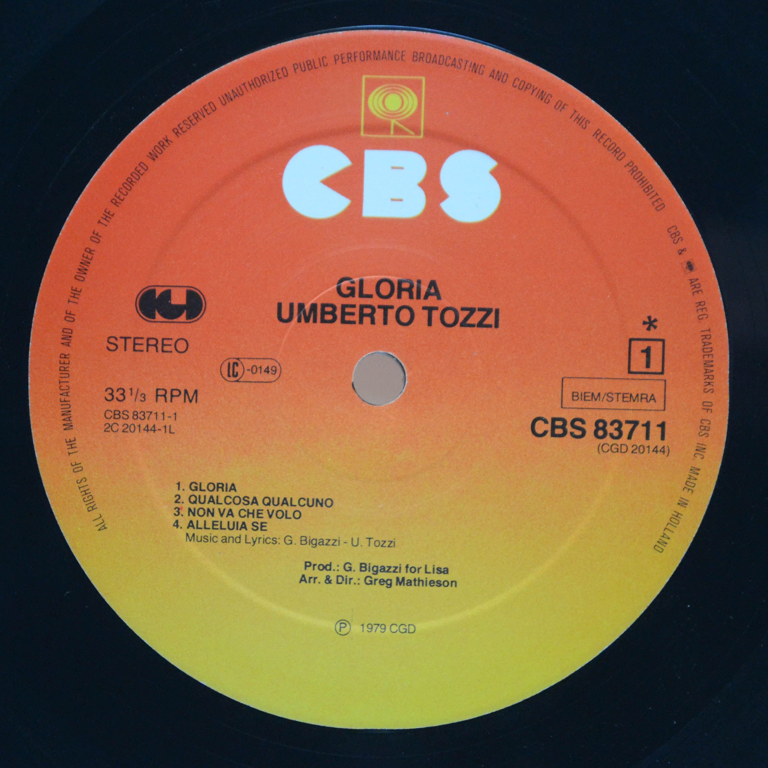 Виниловая пластинка Umberto Tozzi — Gloria, 1979