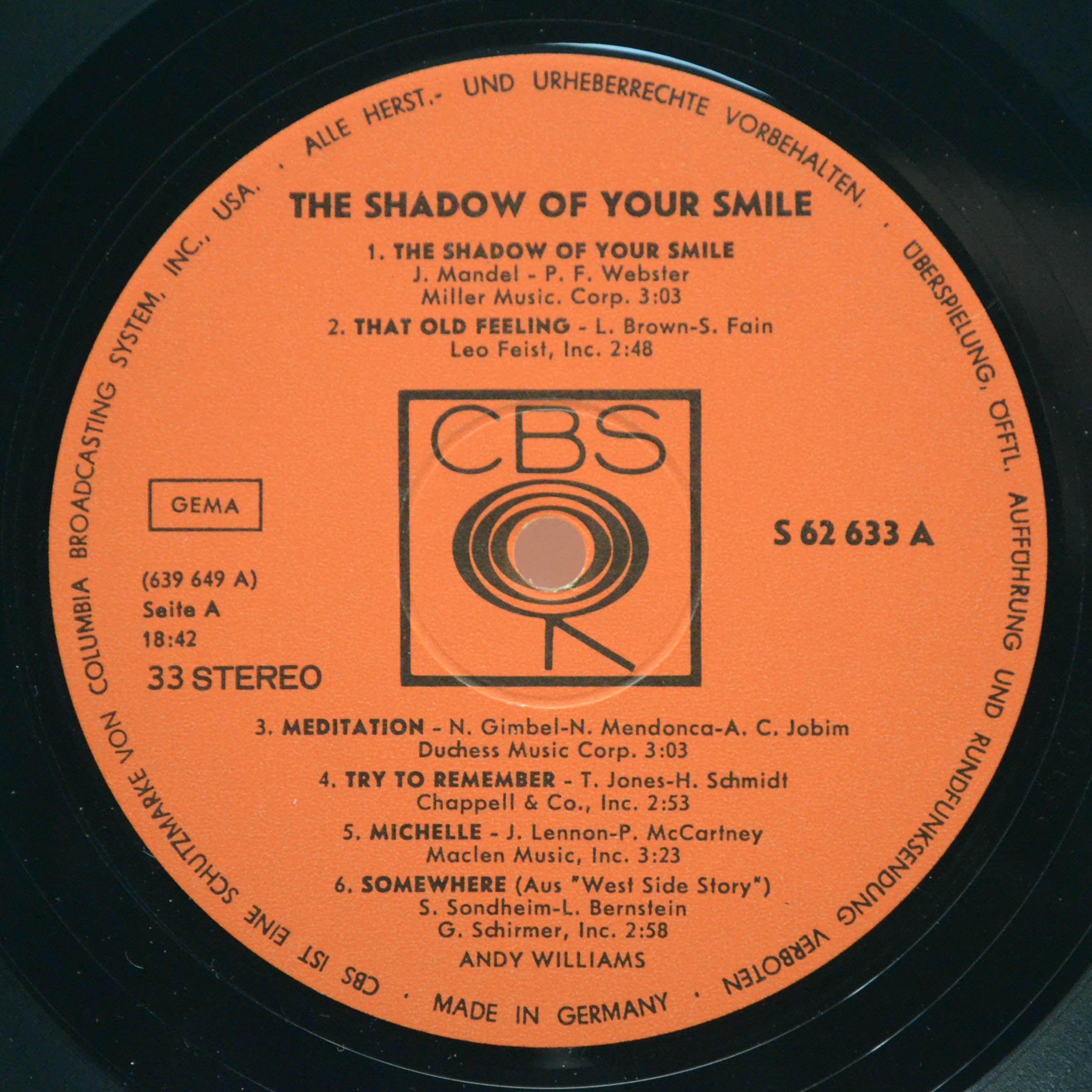 Виниловая пластинка Andy Williams — The Shadow Of Your Smile, 1966
