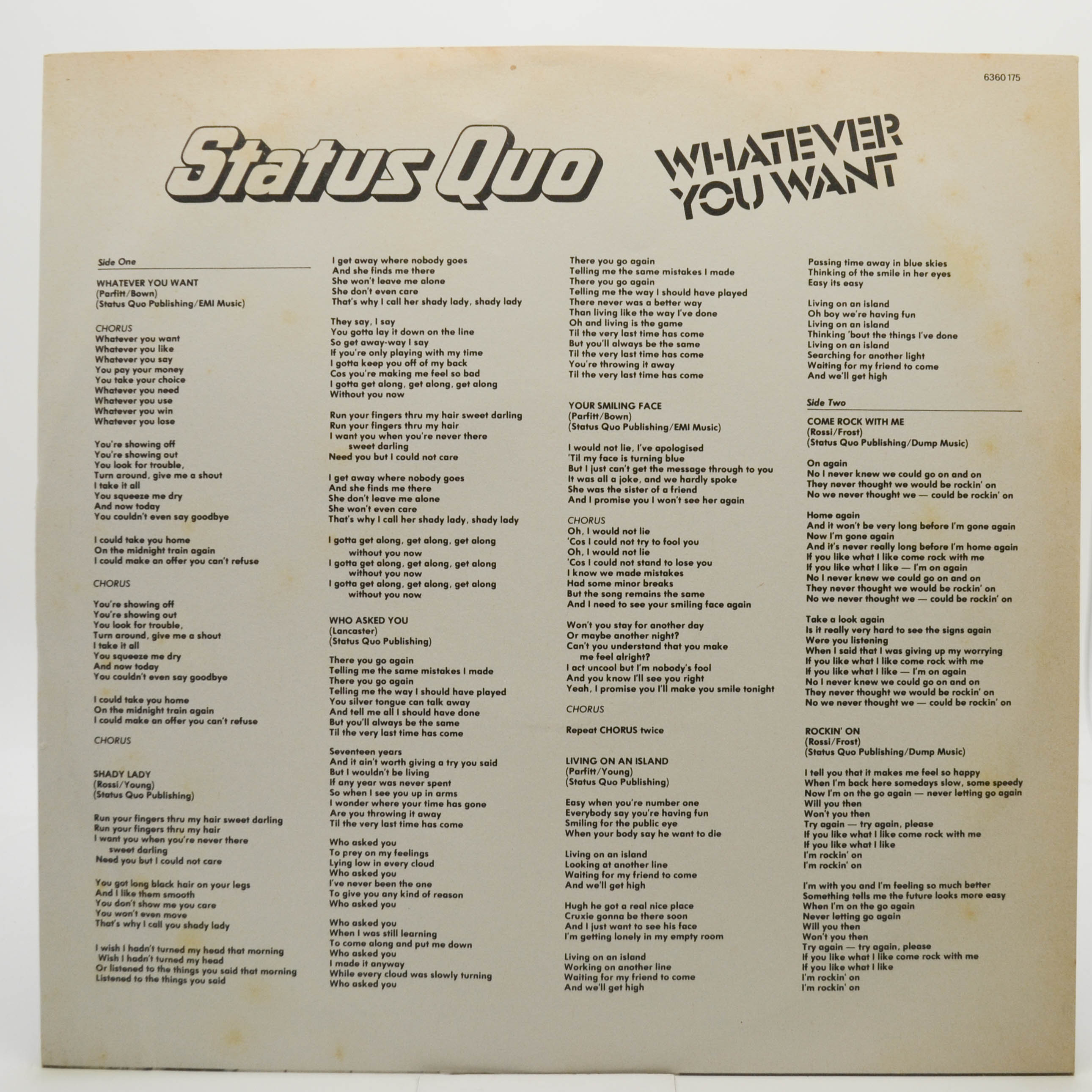 Виниловая пластинка Status Quo — Whatever You Want, 1979