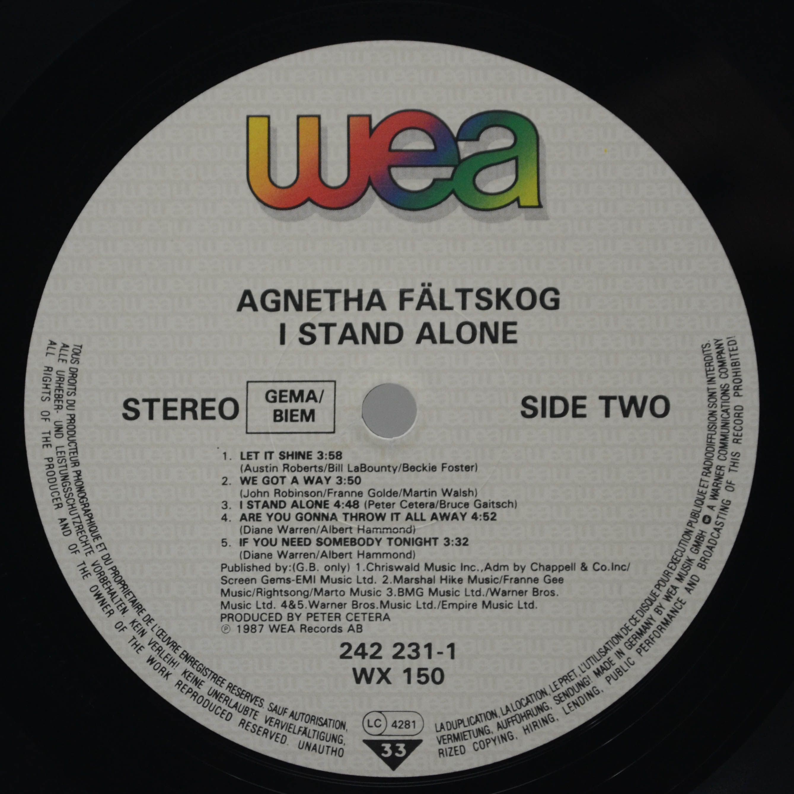 Виниловая пластинка Agnetha Fältskog — I Stand Alone, 1987