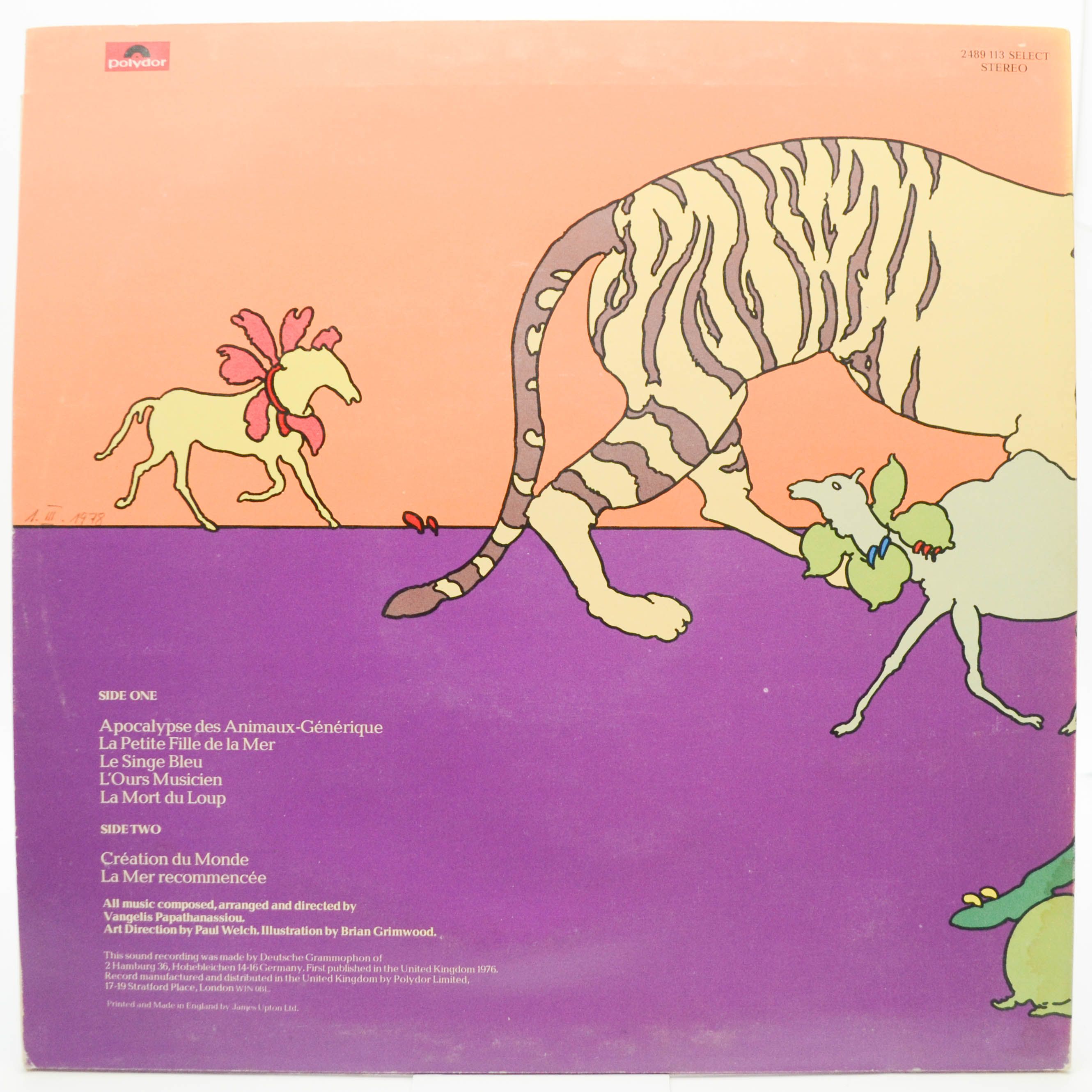 Vangelis — L'Apocalypse Des Animaux (UK), 1976